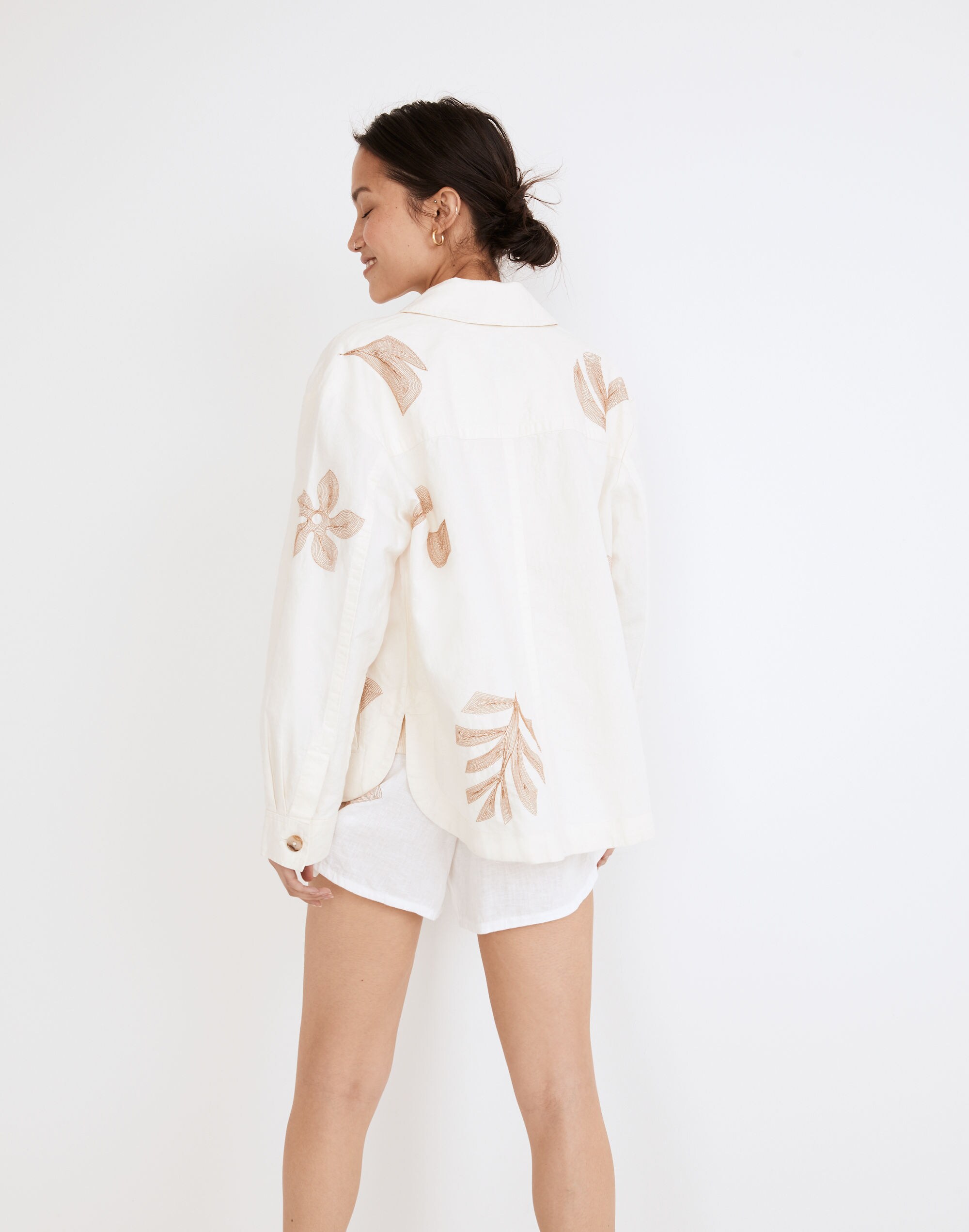 Embroidered Linen Crop Shirt-Jacket in Tropicale Floral