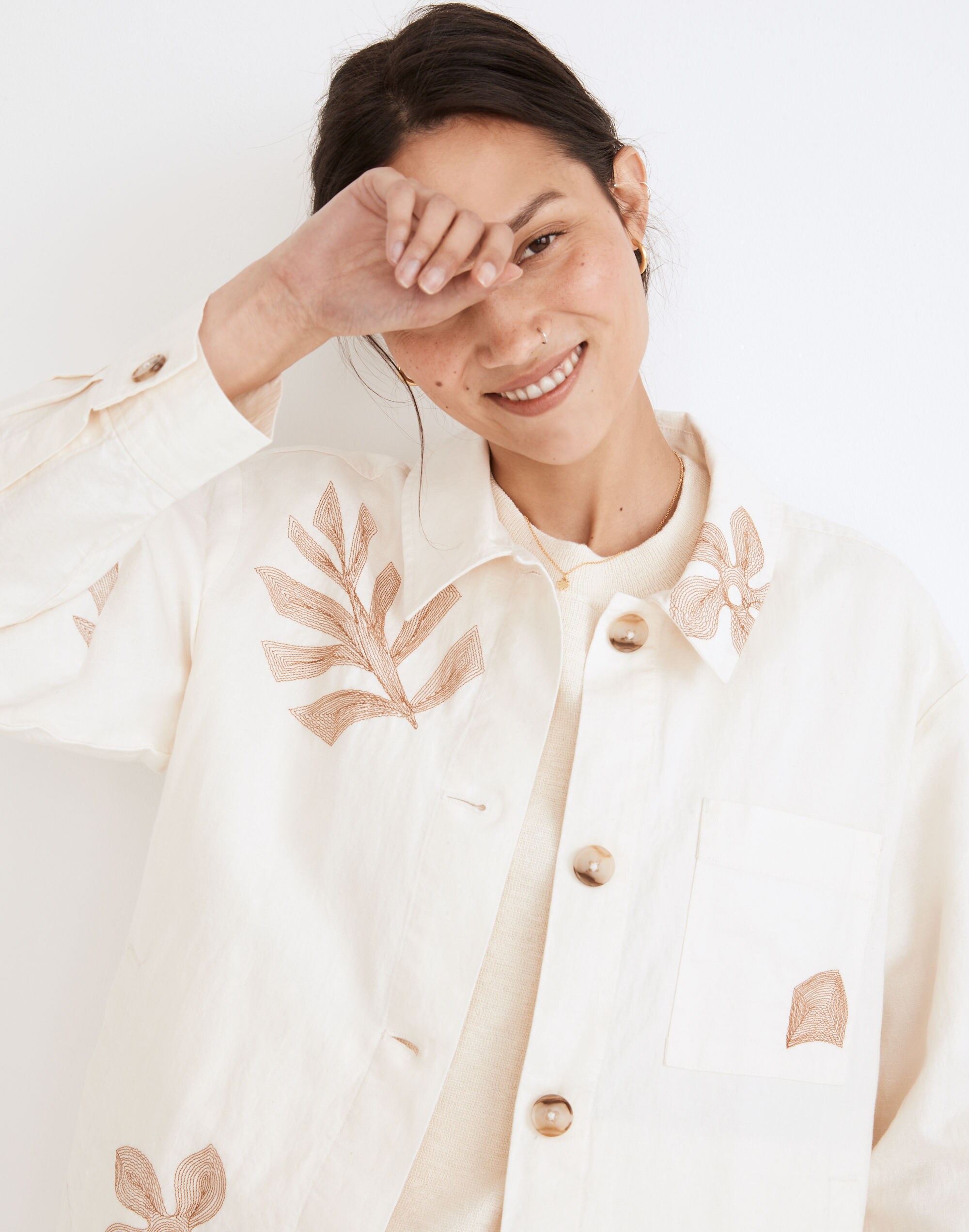 Embroidered Linen Crop Shirt-Jacket in Tropicale Floral