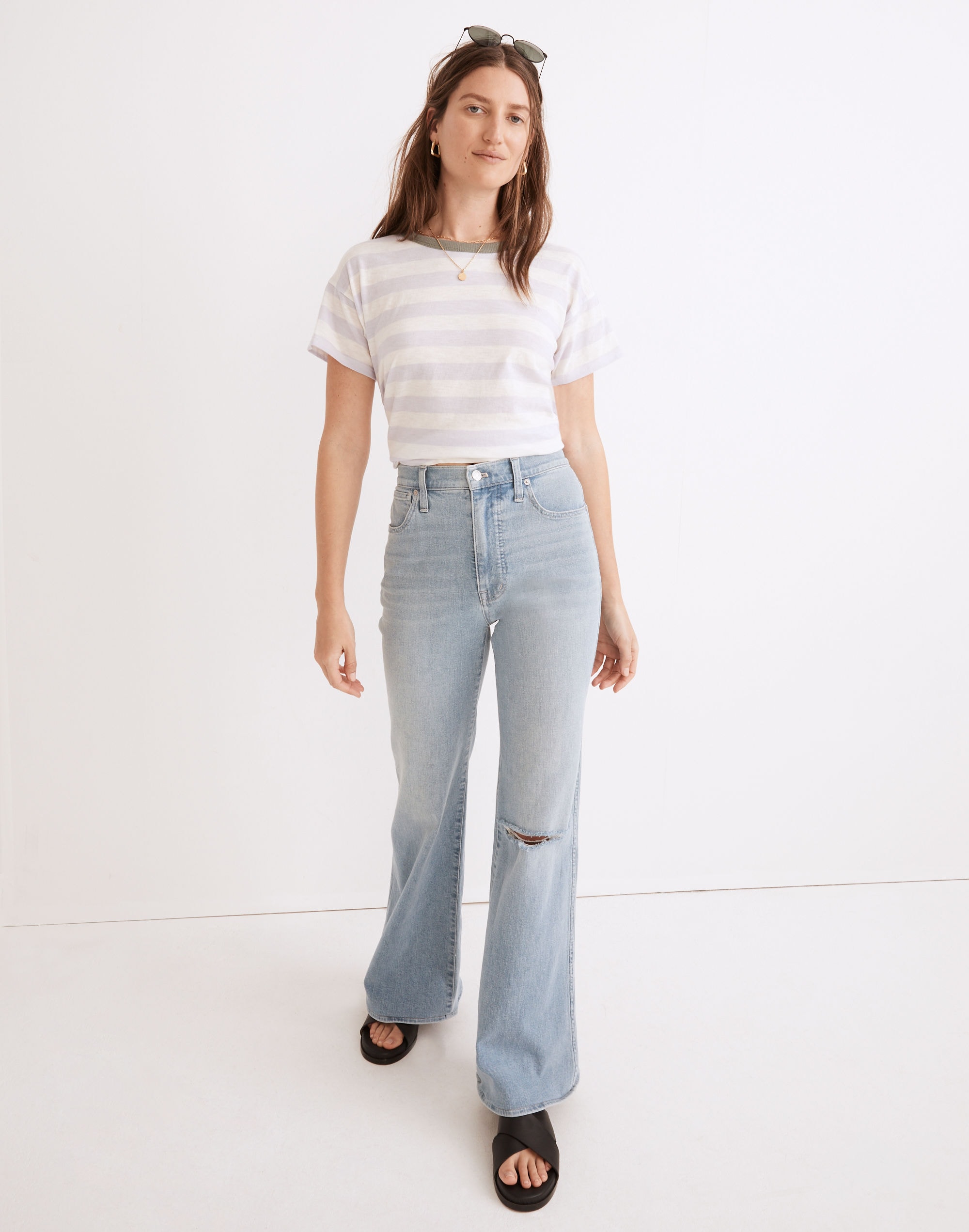 whisper cotton rib-crewneck ringer tee in thurman stripe
