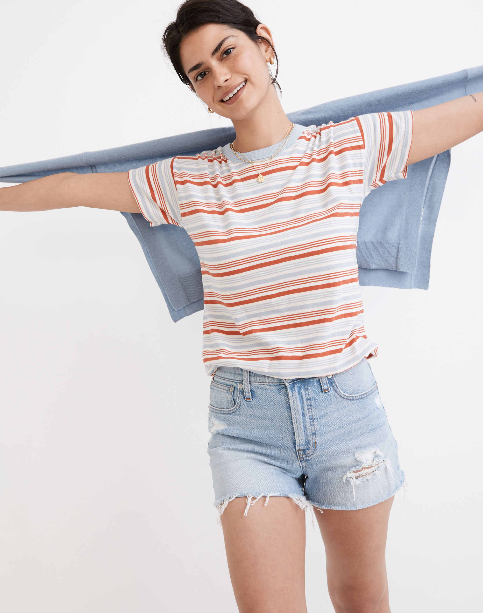 whisper cotton rib-crewneck ringer tee in halliday stripe