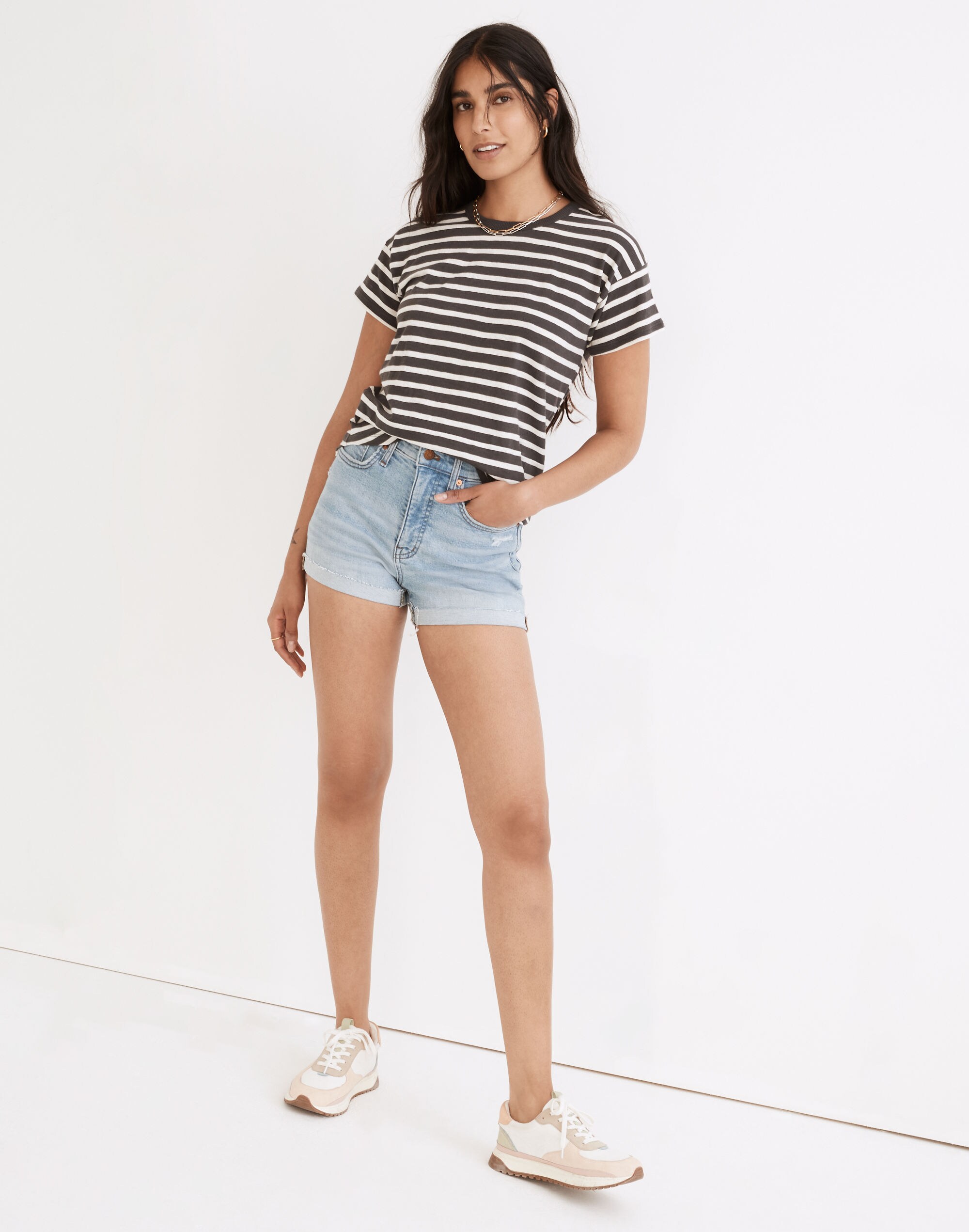 Whisper Cotton Rib-Crewneck Tee in Hader Stripe