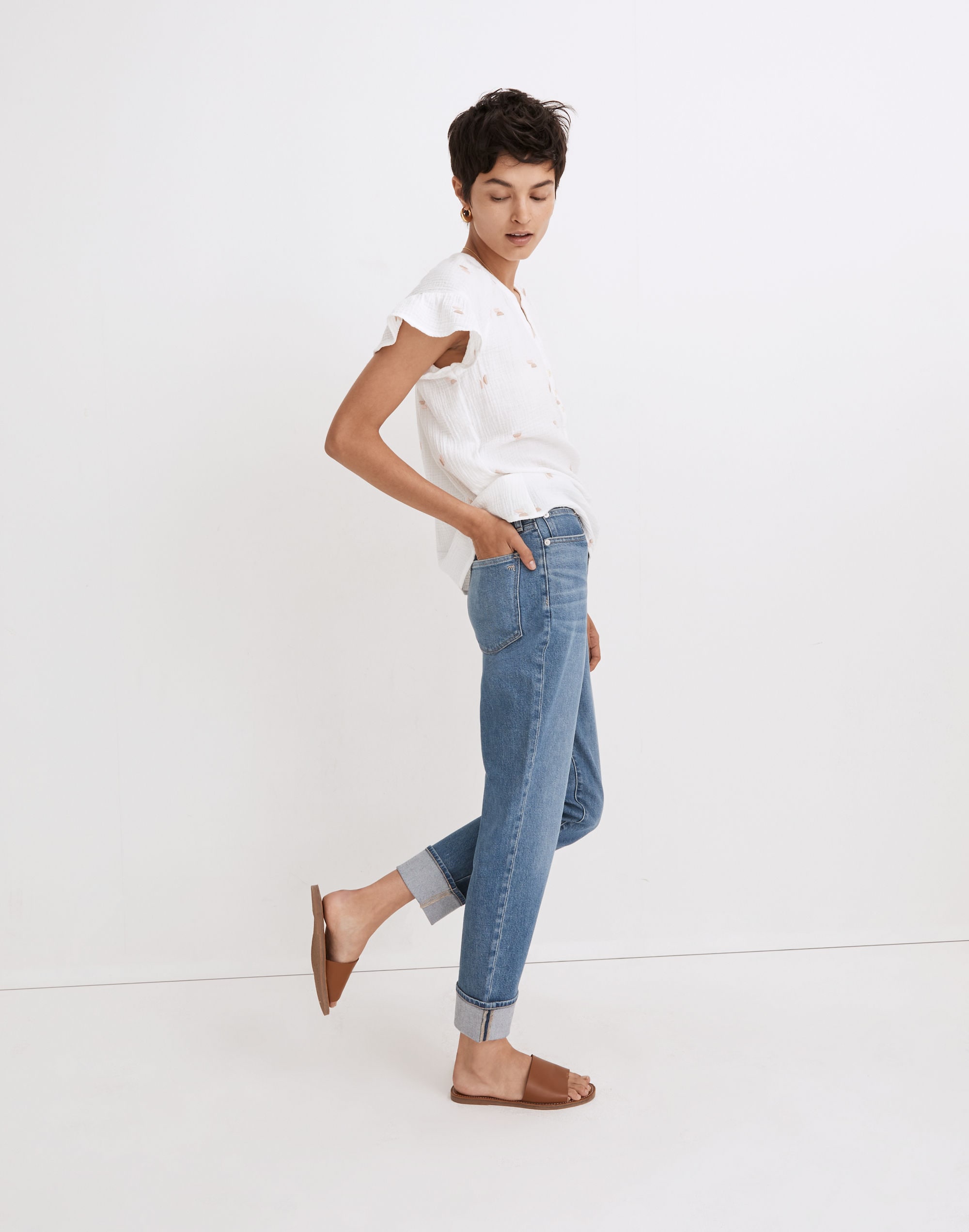 Embroidered Lightspun Ruffle-Sleeve Henley Top