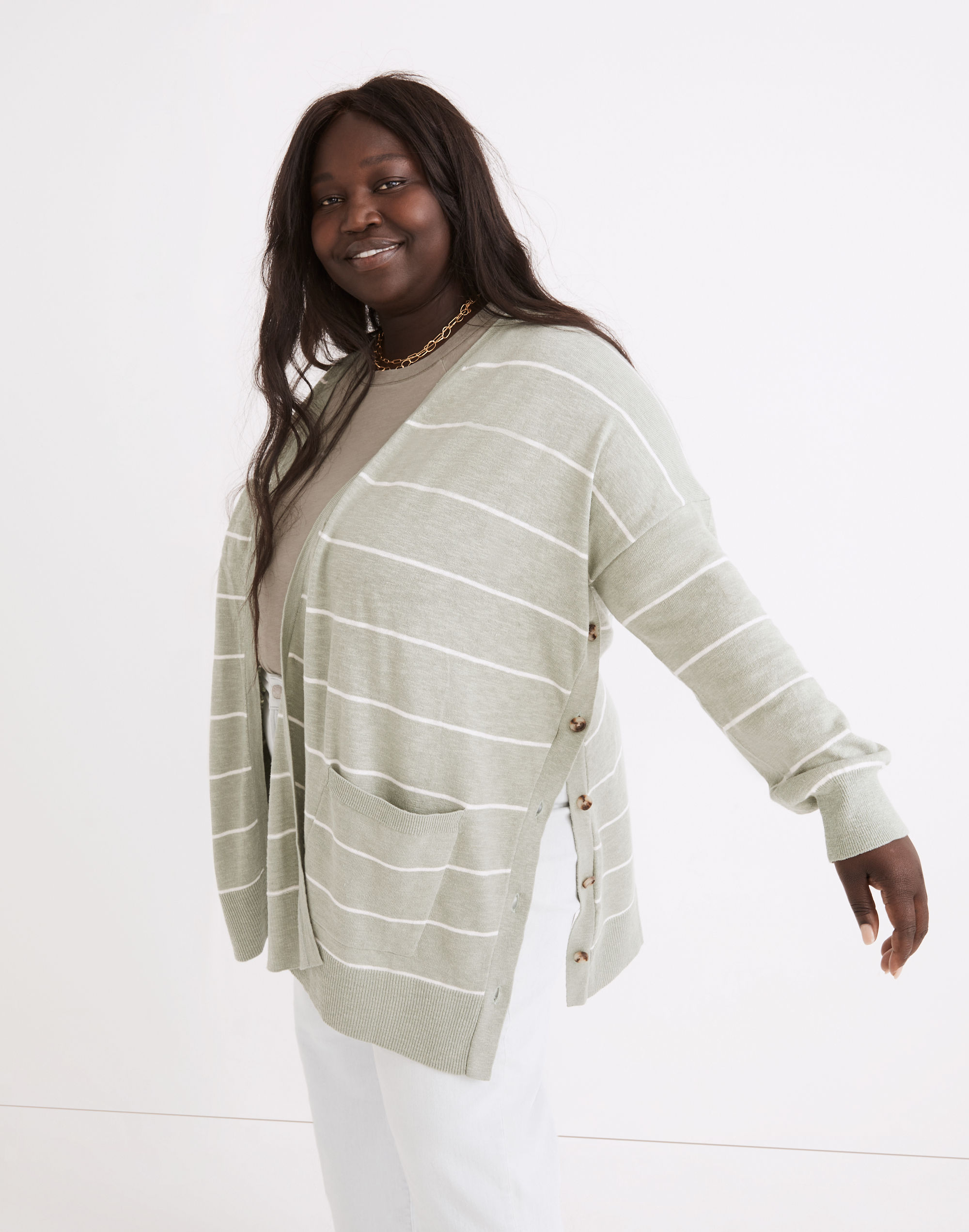 Plus Striped Marlton Side-Button Cardigan Sweater