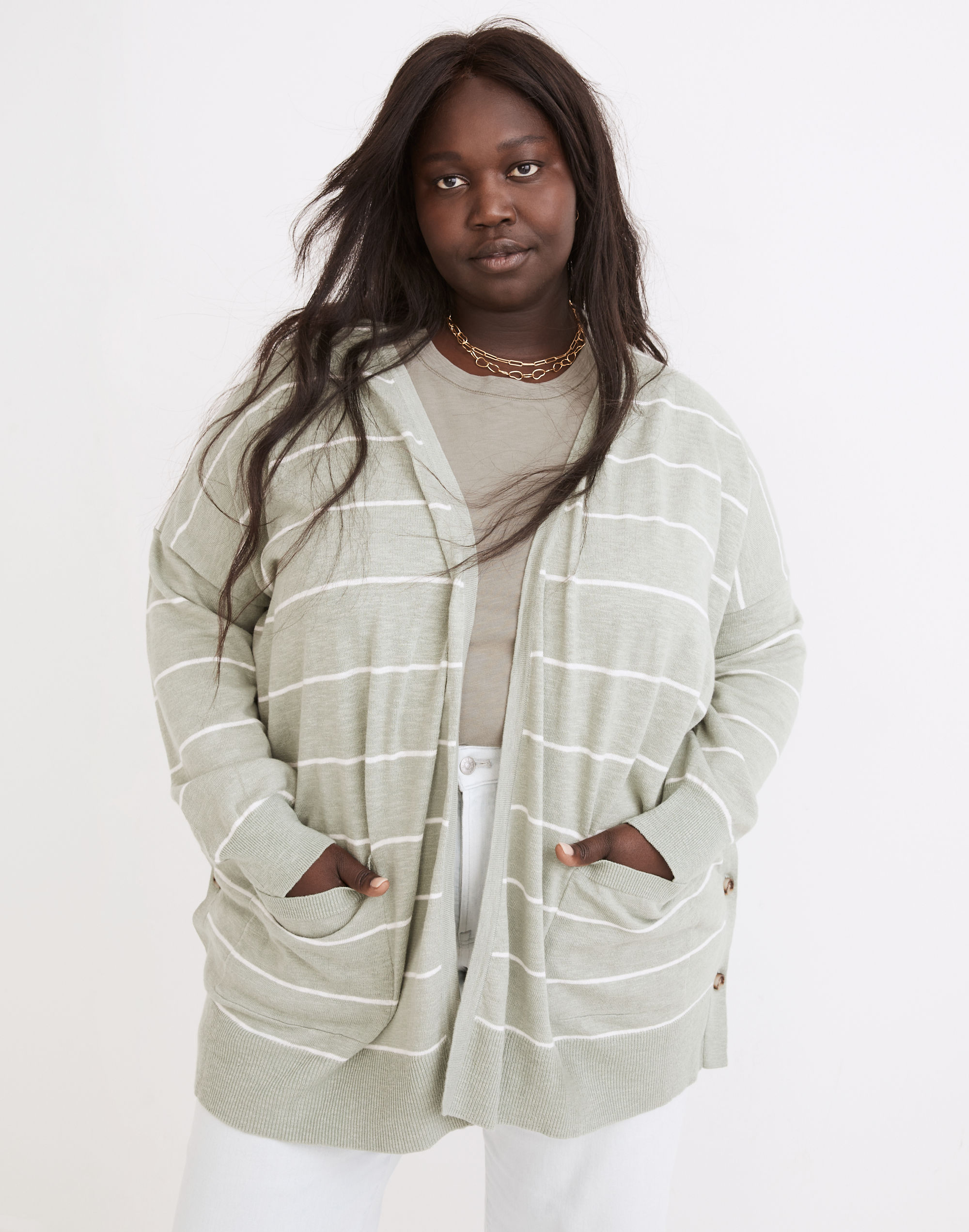 Plus Striped Marlton Side-Button Cardigan Sweater