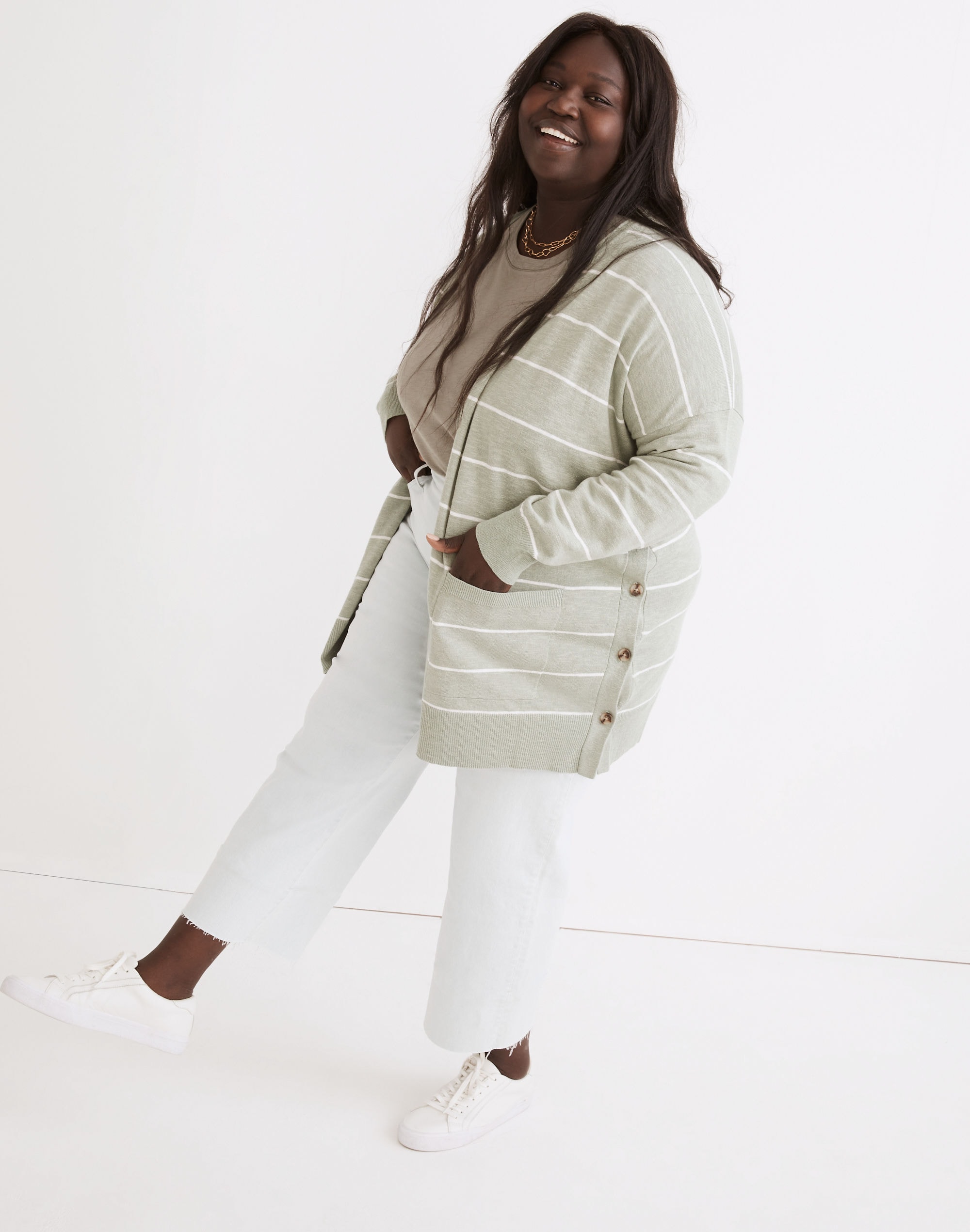 Plus Striped Marlton Side-Button Cardigan Sweater