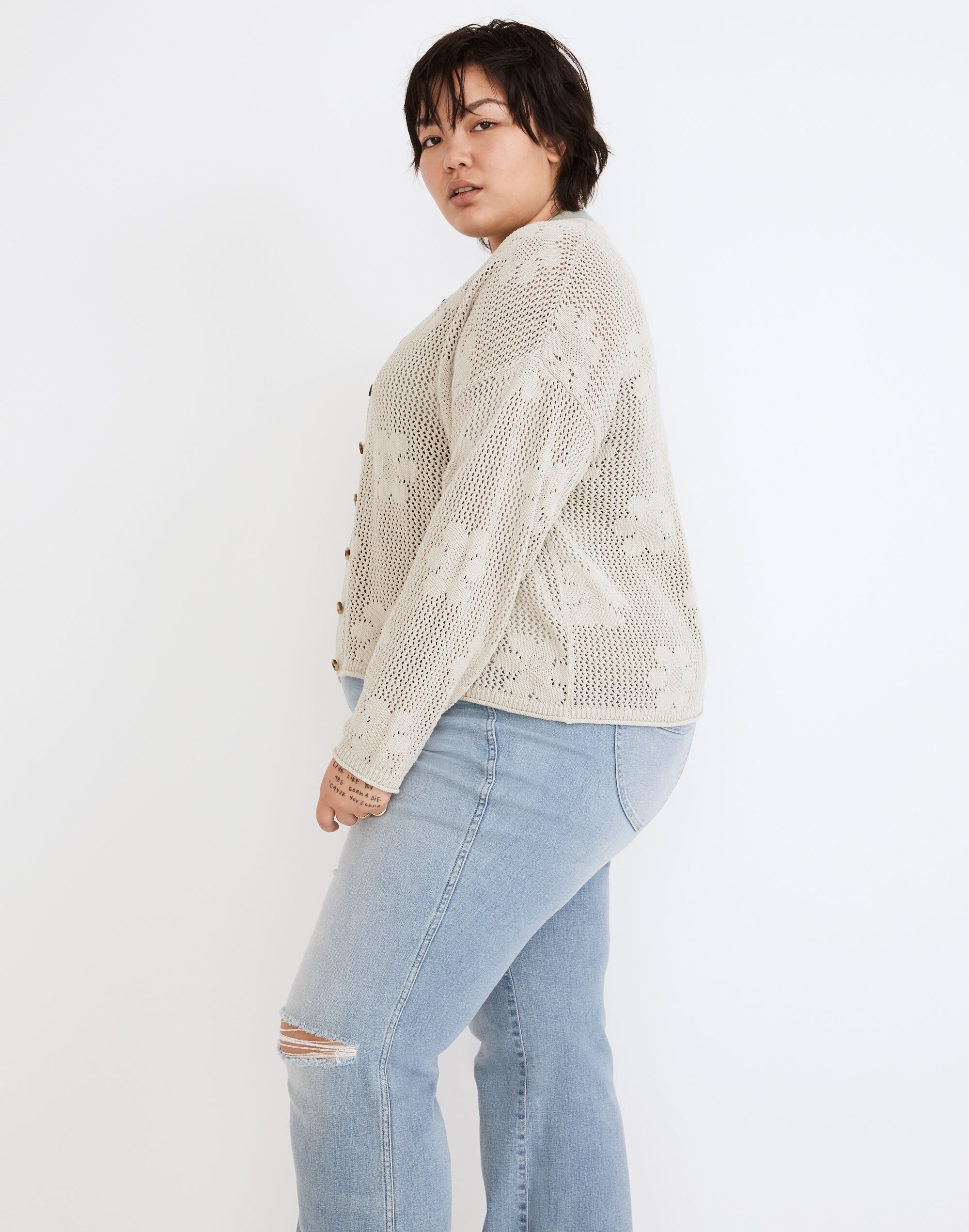 Plus Floral Open-Stitch Cardigan Sweater