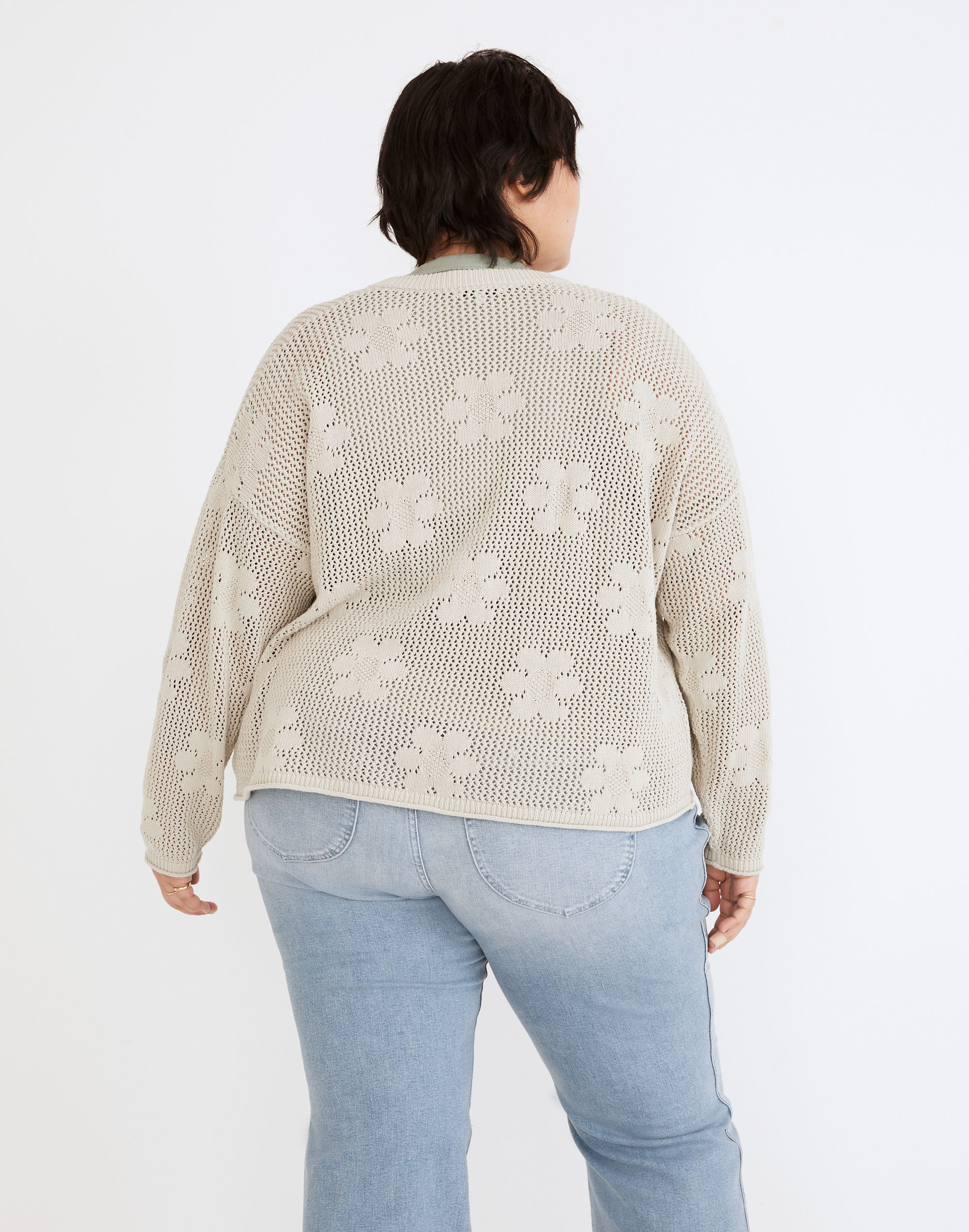 Plus Floral Open-Stitch Cardigan Sweater