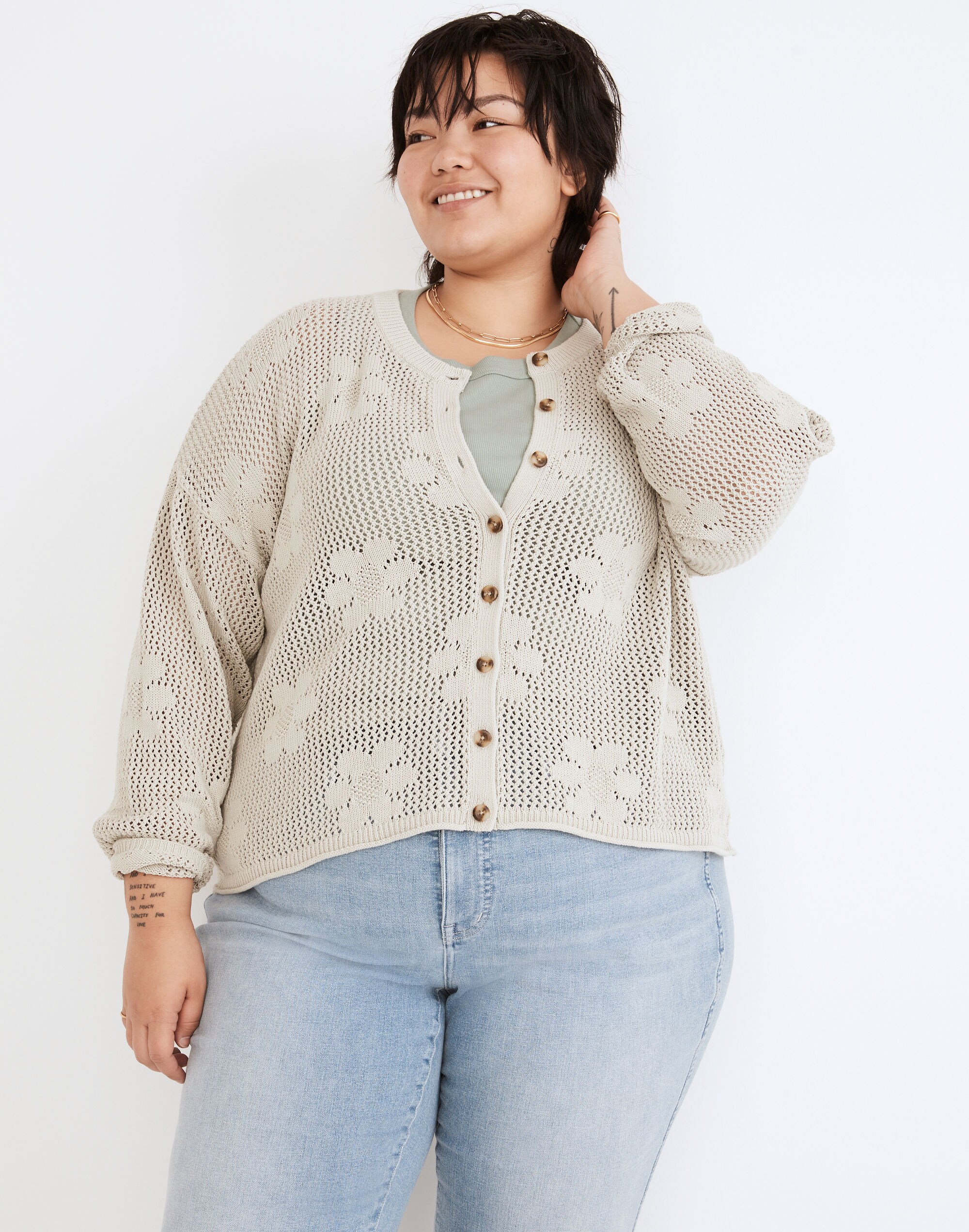 Plus Floral Open-Stitch Cardigan Sweater
