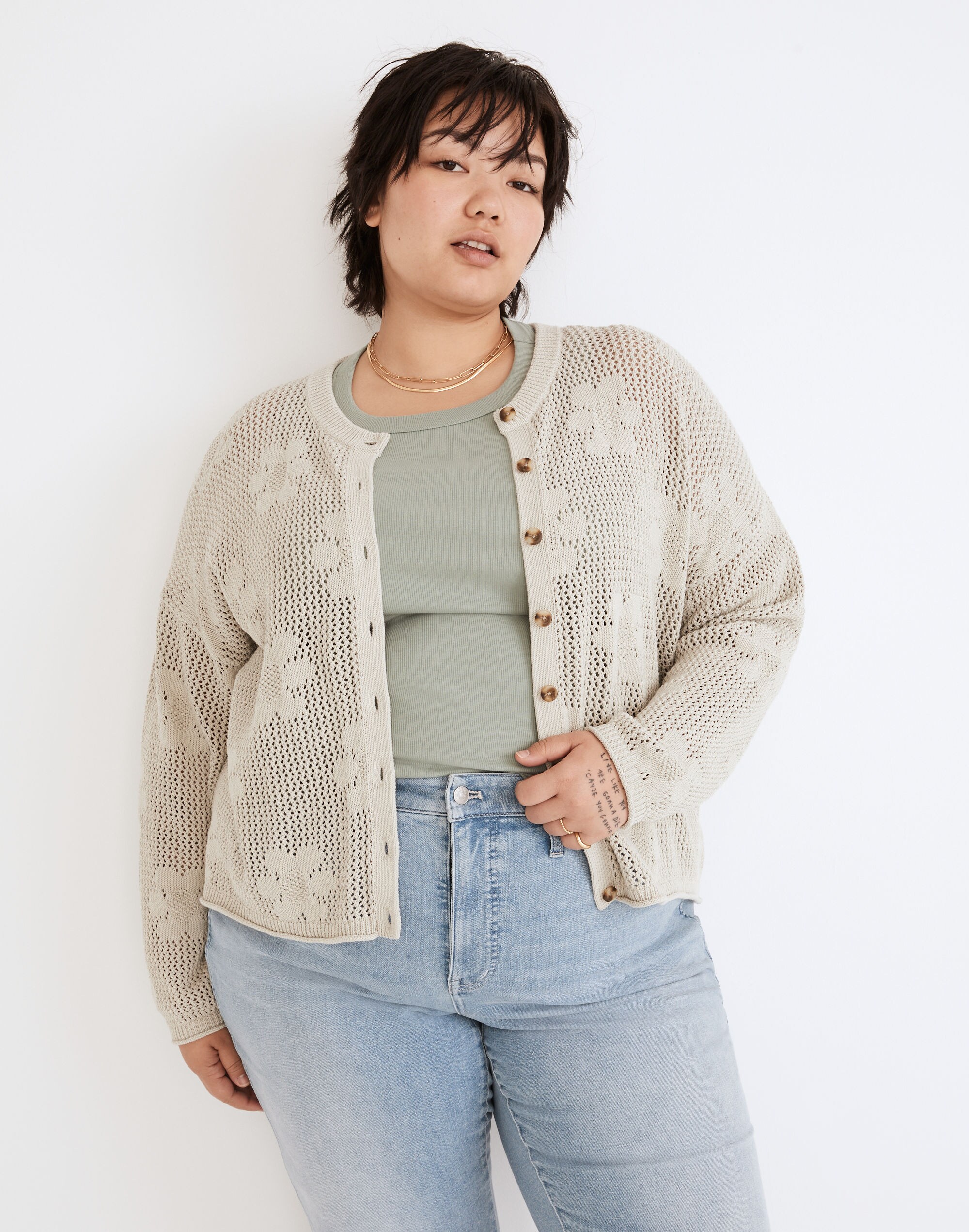Plus Floral Open-Stitch Cardigan Sweater