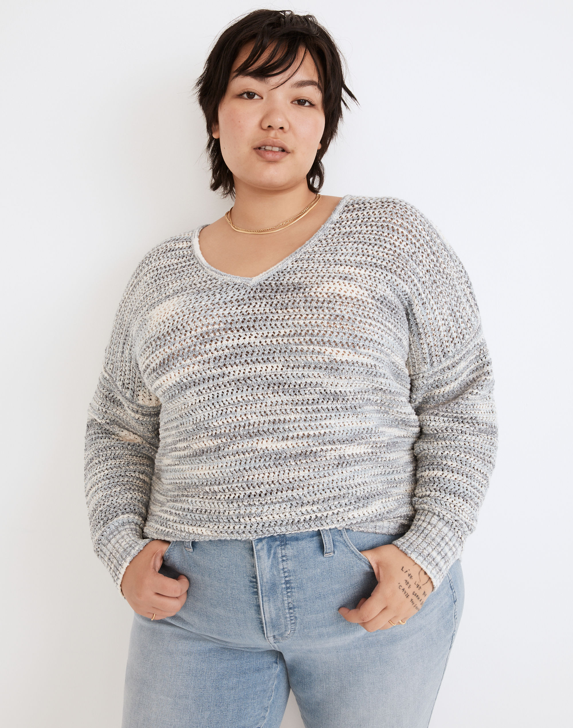 plus southbrook open-stitch pullover sweater in space-dye