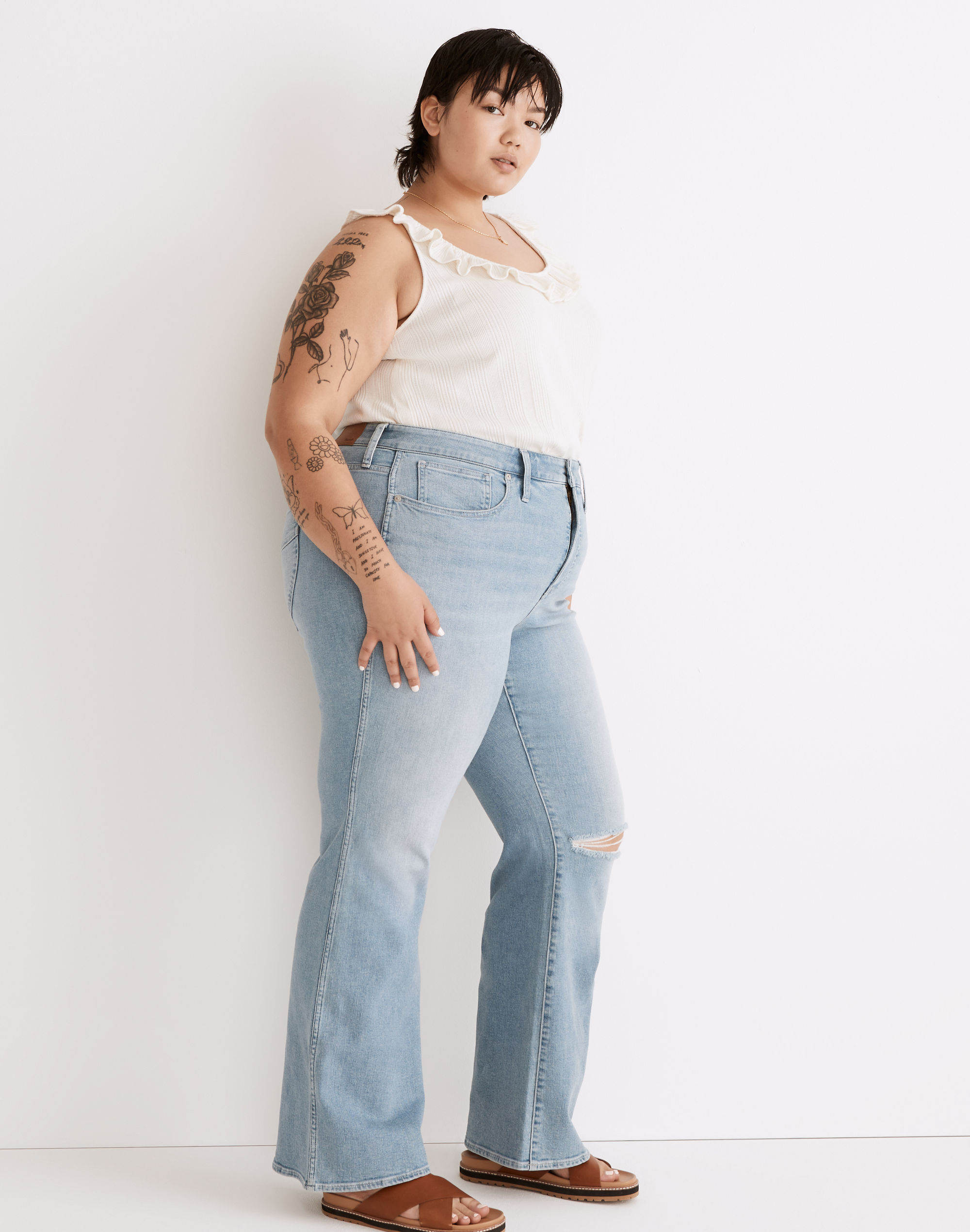 Plus 11" High-Rise Flare Jeans in Eversfield Wash: Knee-Rip Edition