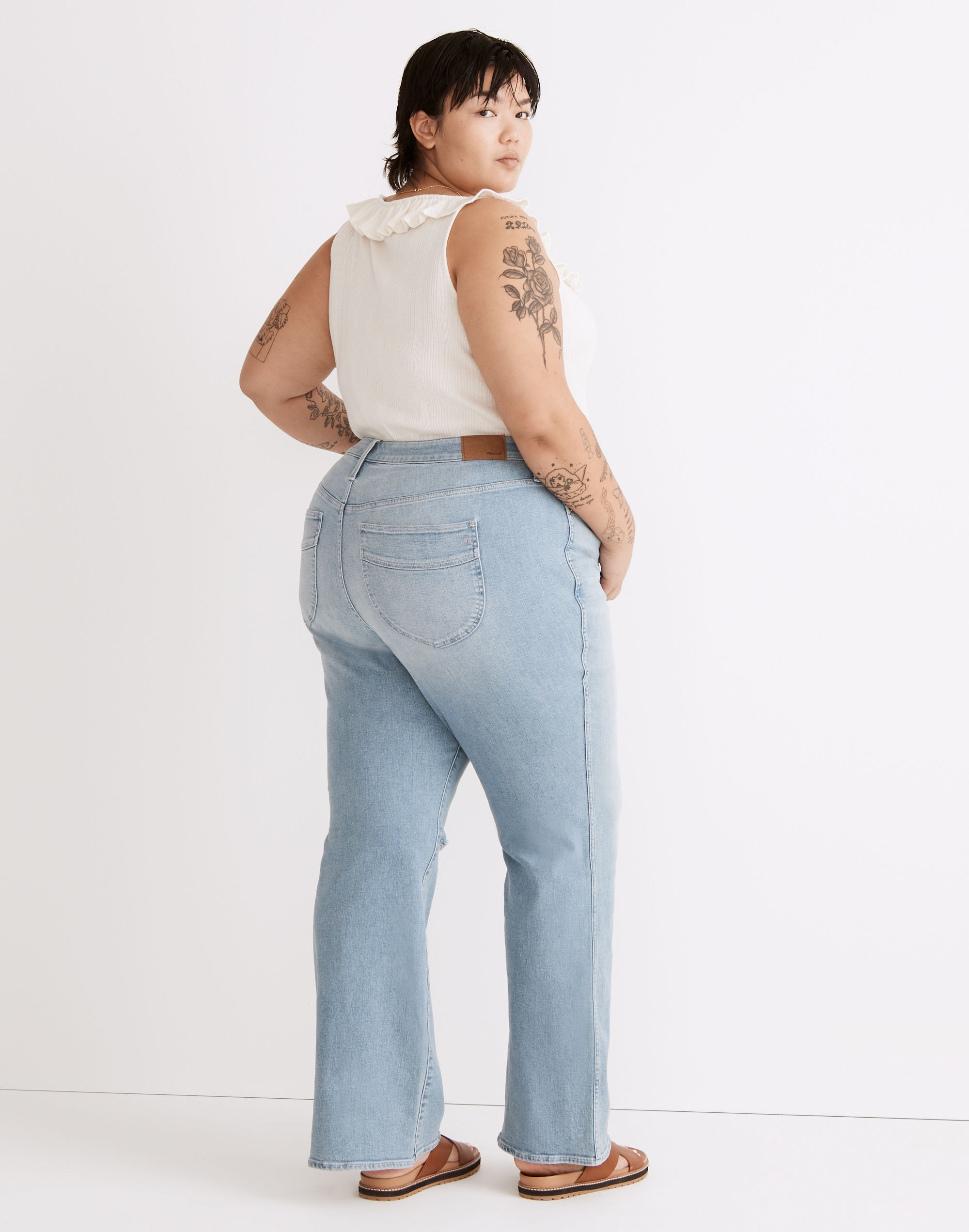 Plus 11" High-Rise Flare Jeans in Eversfield Wash: Knee-Rip Edition