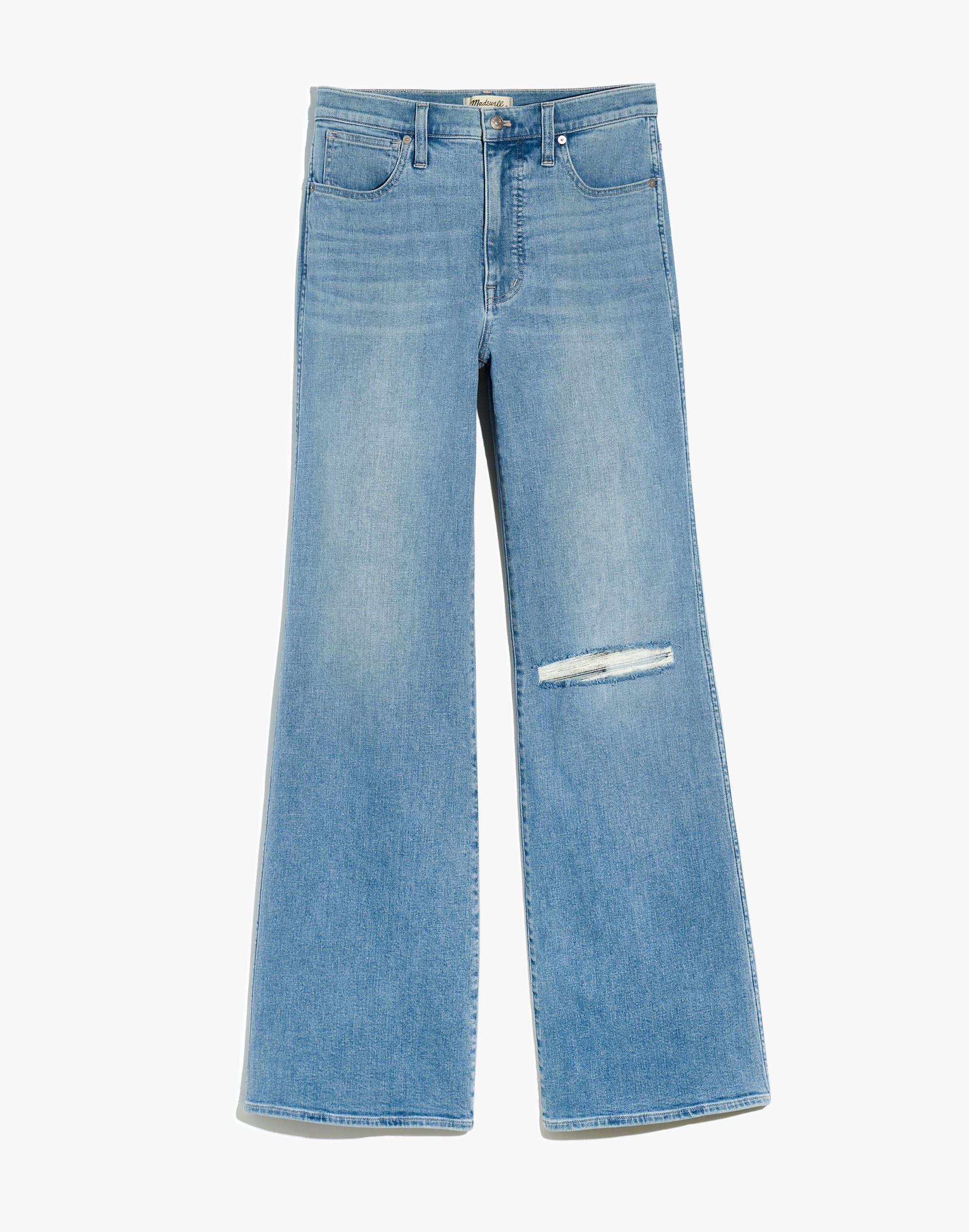 Plus 11" High-Rise Flare Jeans in Eversfield Wash: Knee-Rip Edition