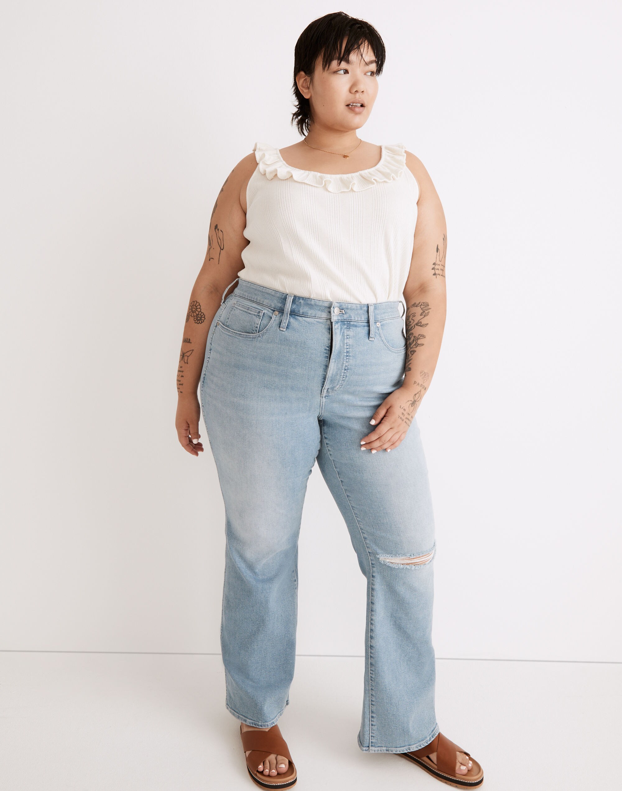 Plus 11" High-Rise Flare Jeans in Eversfield Wash: Knee-Rip Edition