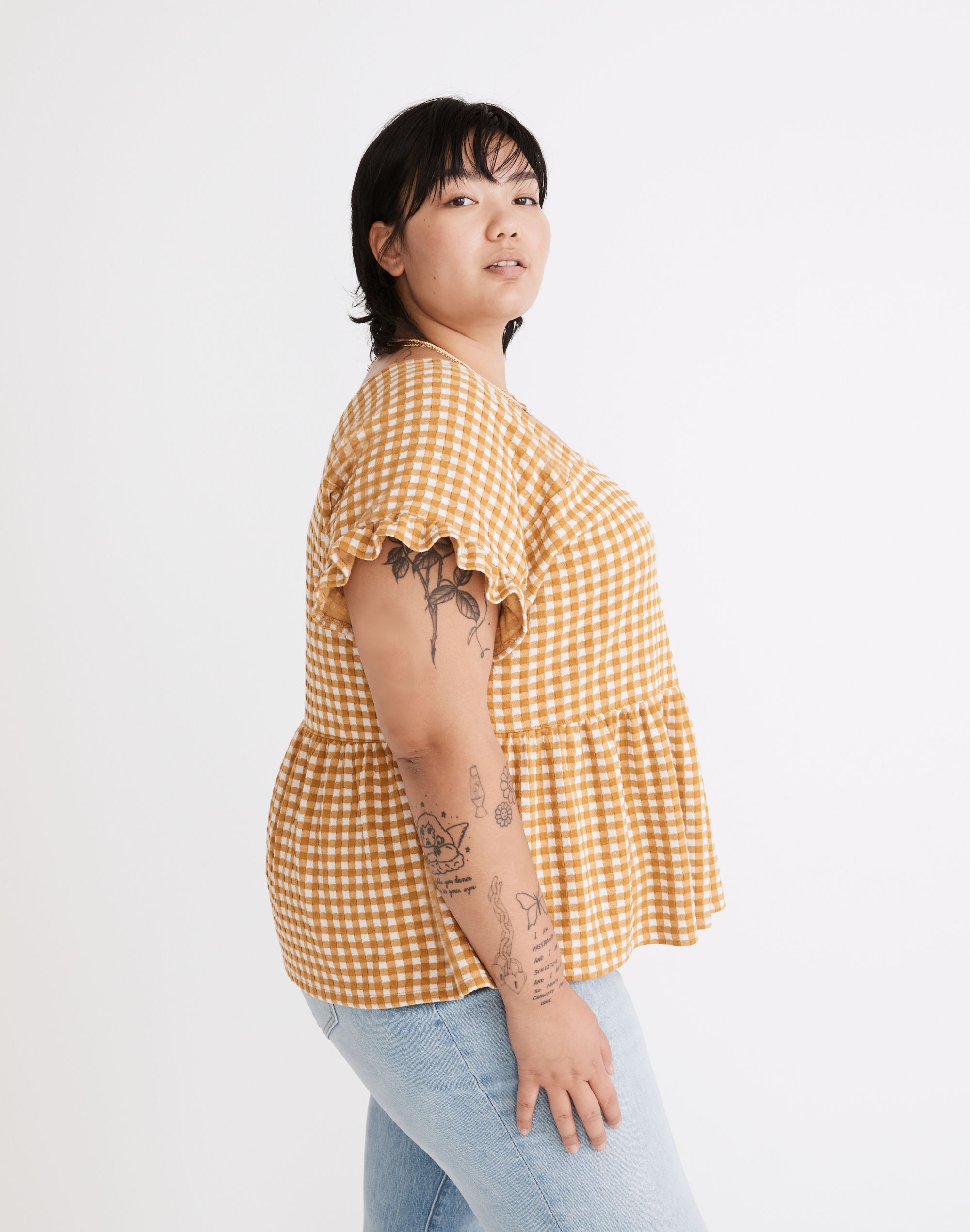 Plus Gingham Knit Ruffle-Hem Top