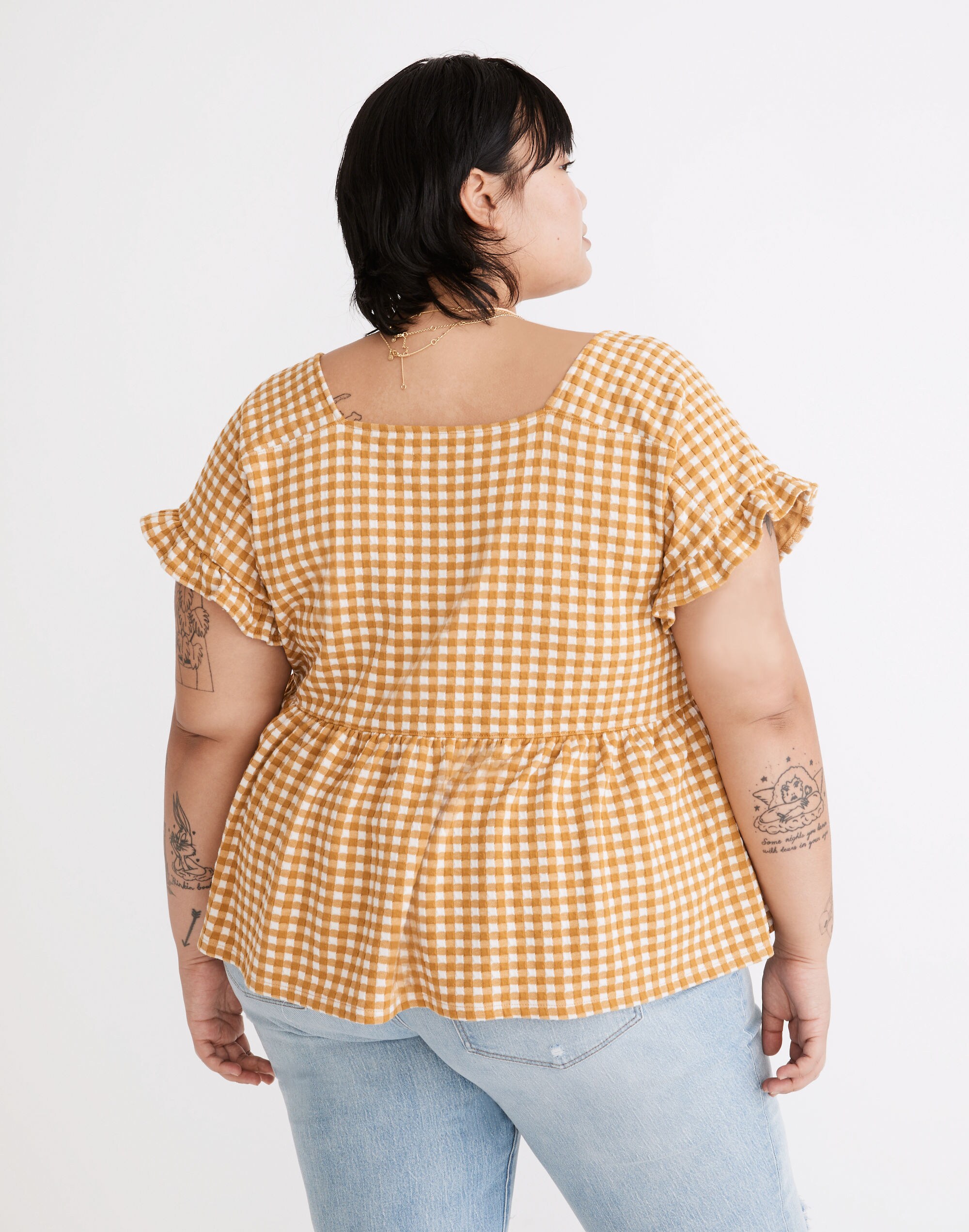 Plus Gingham Knit Ruffle-Hem Top