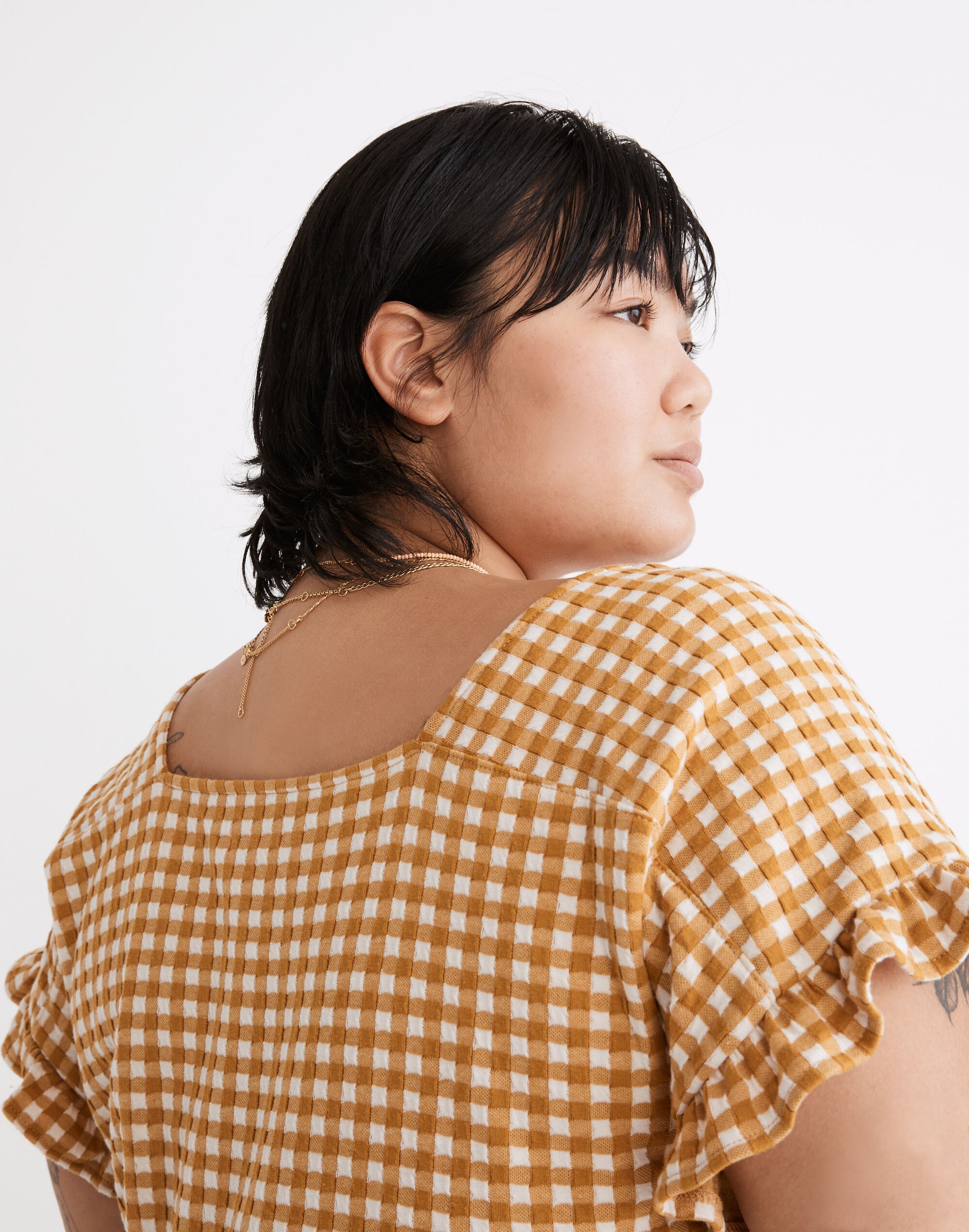 Plus Gingham Knit Ruffle-Hem Top