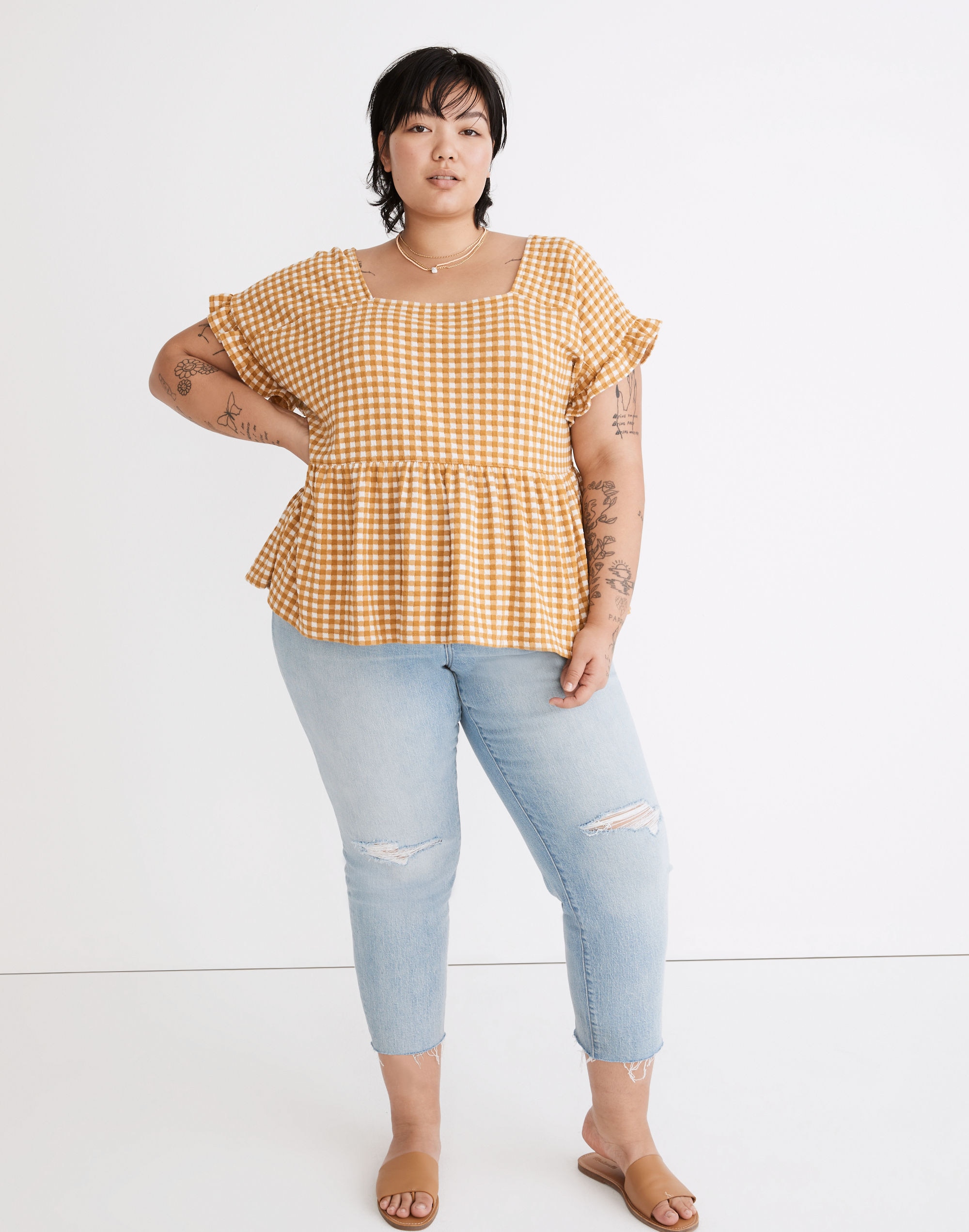 Plus Gingham Knit Ruffle-Hem Top