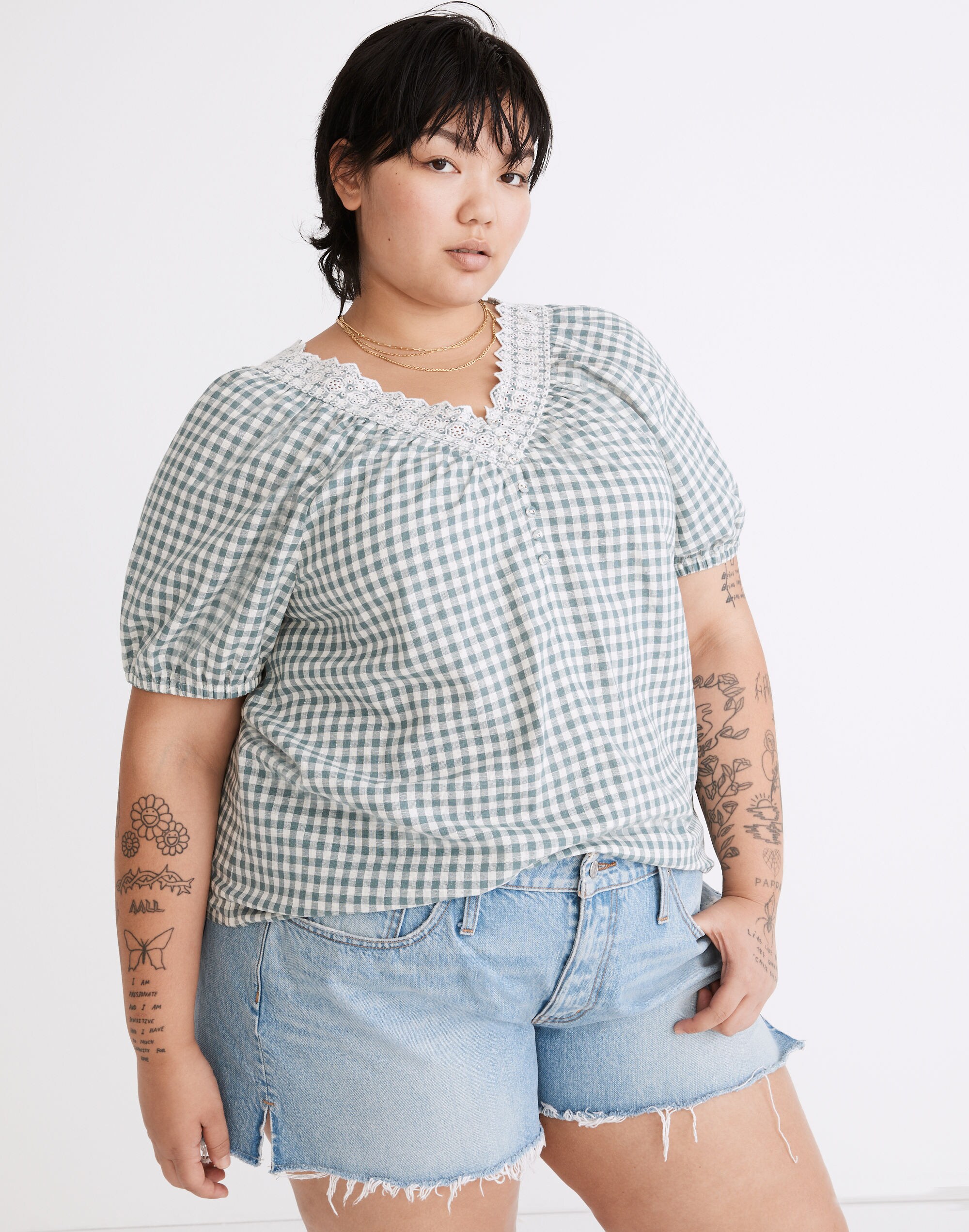Plus Embroidered Linen-Blend Swing Top in Gingham Check