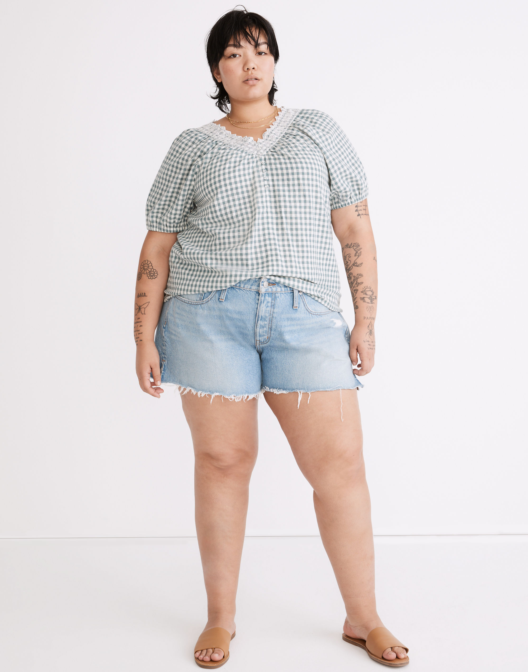 Plus Embroidered Linen-Blend Swing Top in Gingham Check