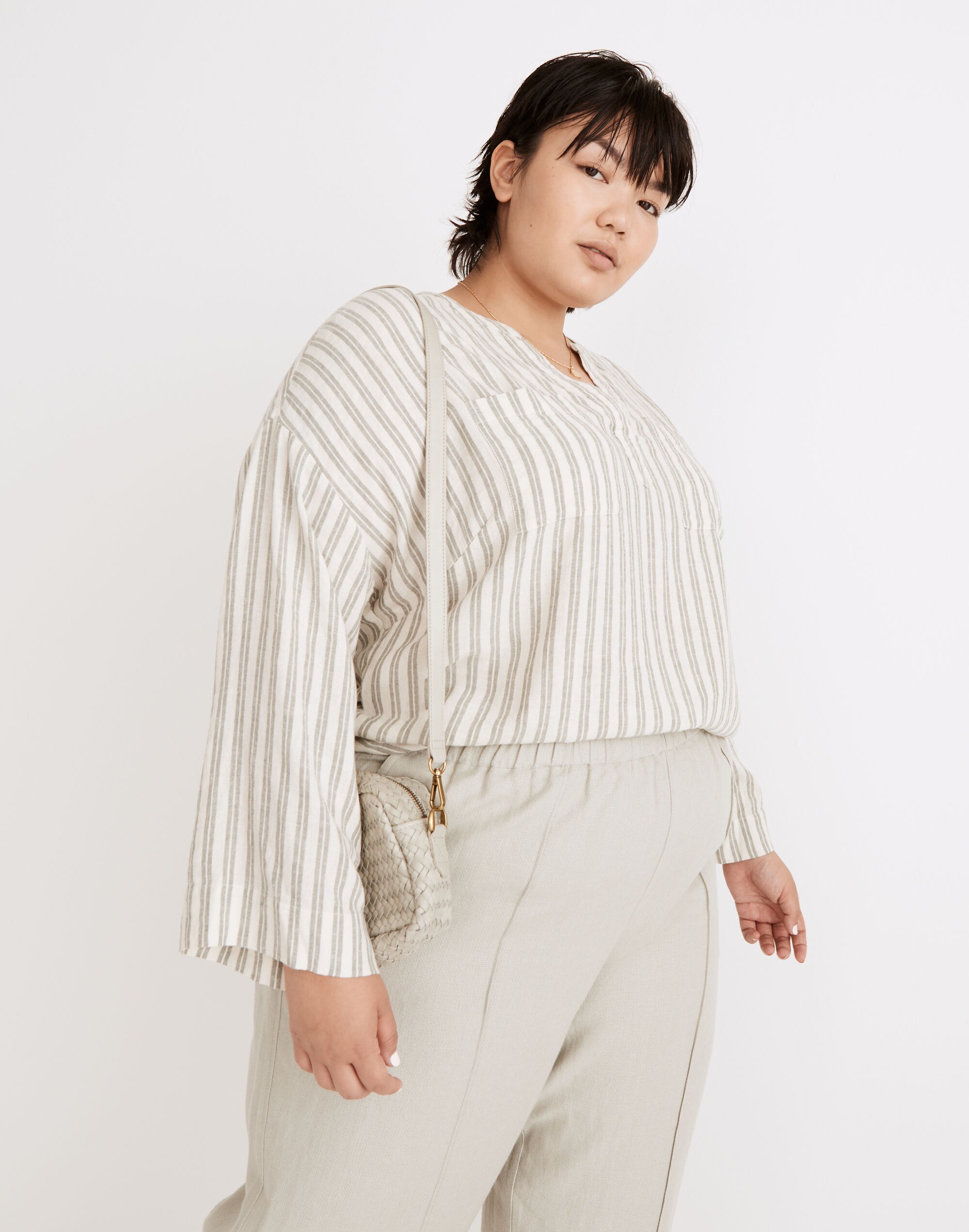 Plus Linen-Blend Lakeline Popover Shirt in Hester Stripe