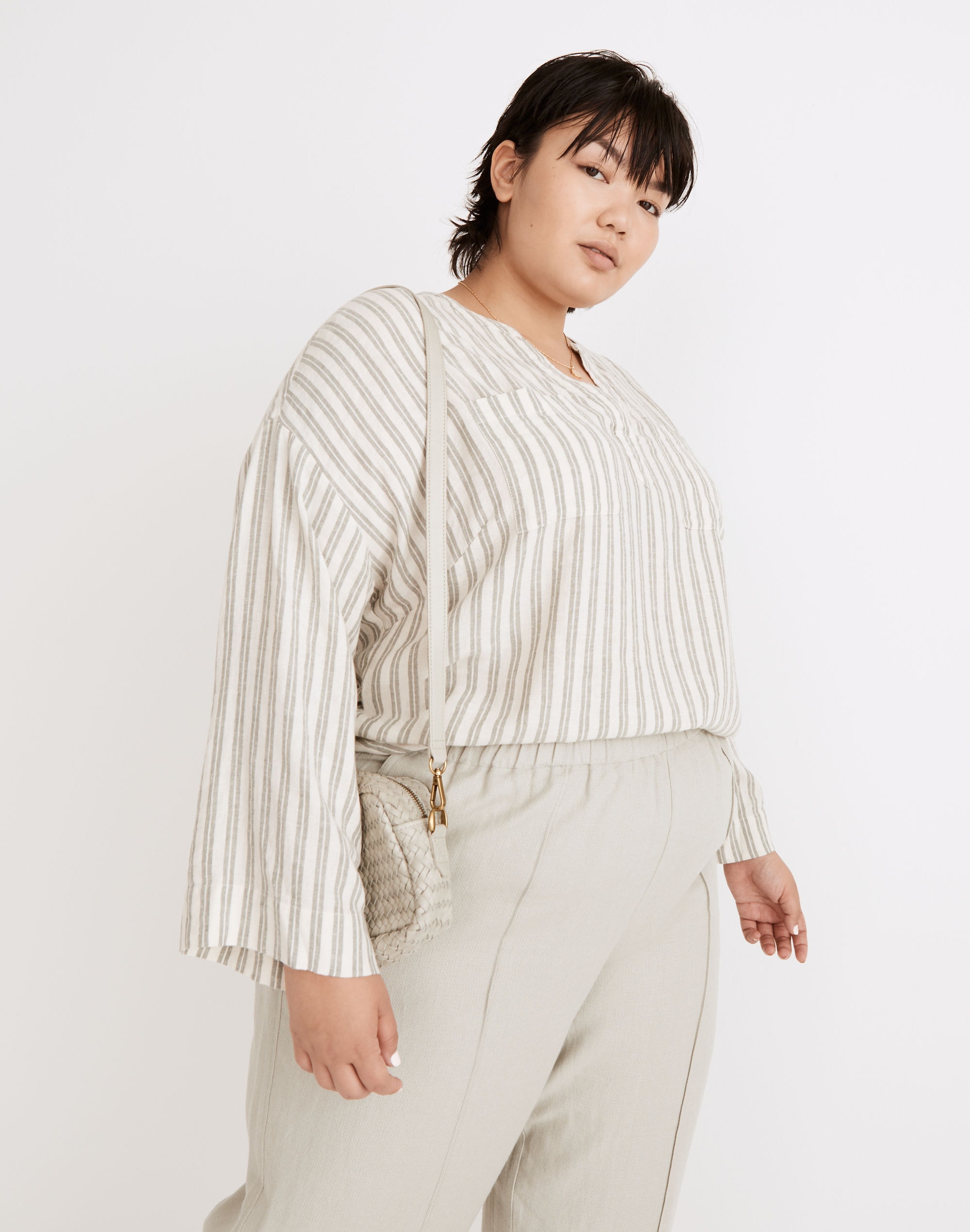 plus linen-blend lakeline popover shirt in hester stripe