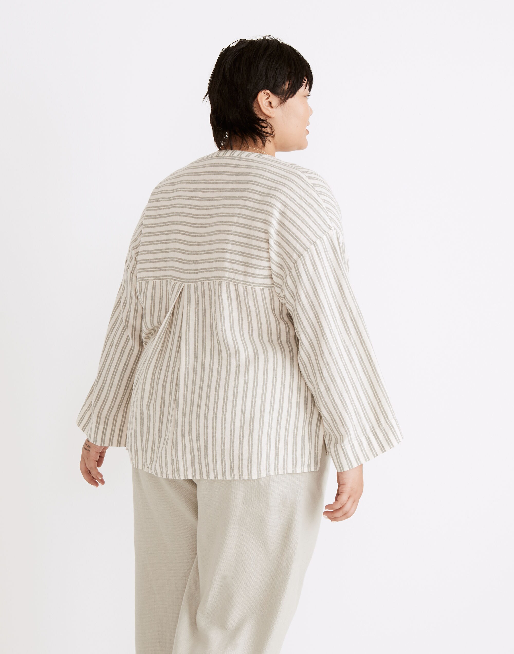 Plus Linen-Blend Lakeline Popover Shirt in Hester Stripe