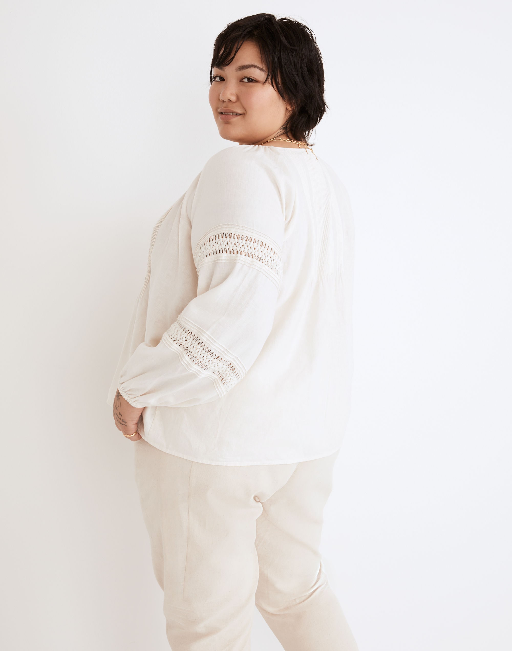 Plus Linen-Blend Pintuck Peasant Top