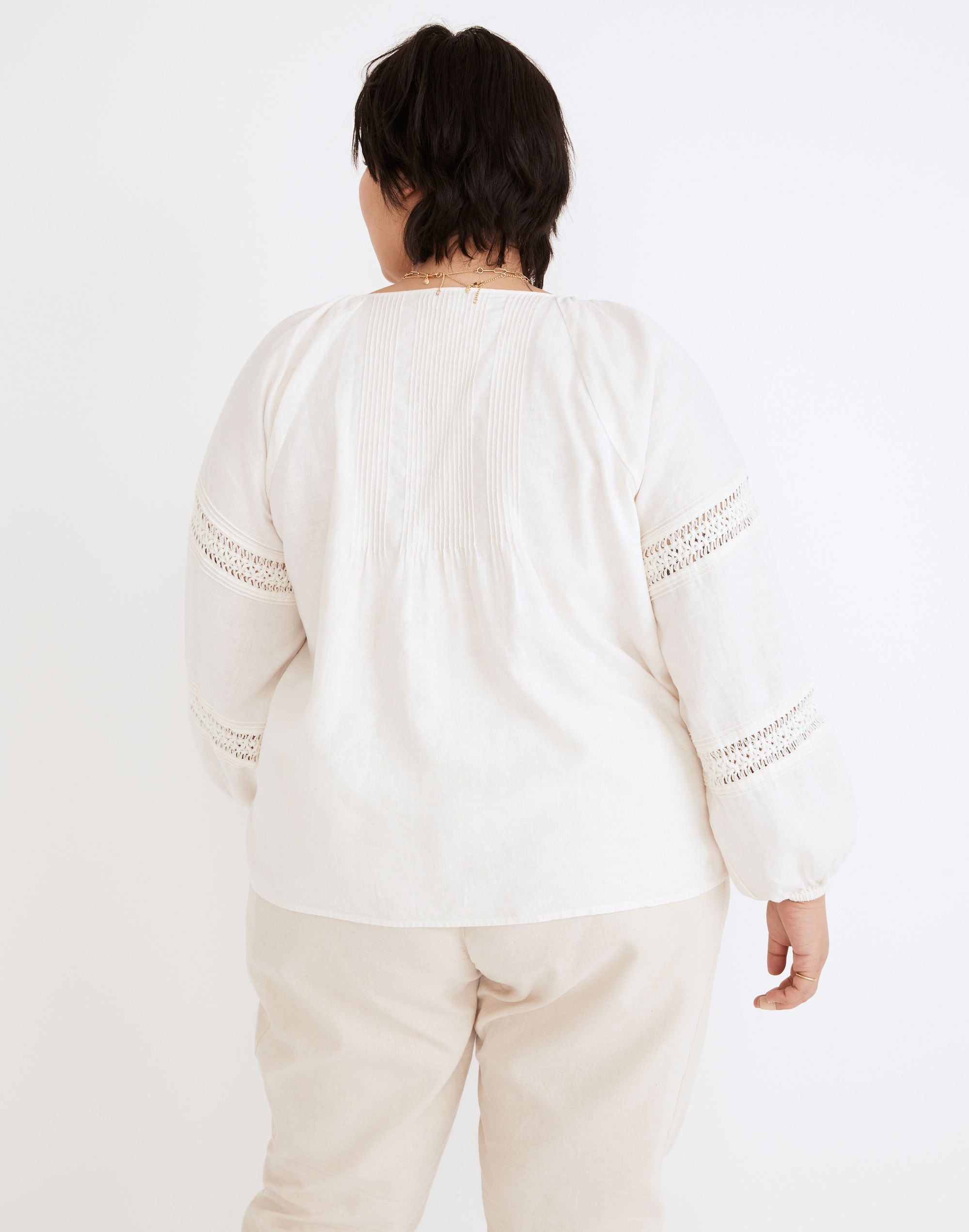 Plus Linen-Blend Pintuck Peasant Top