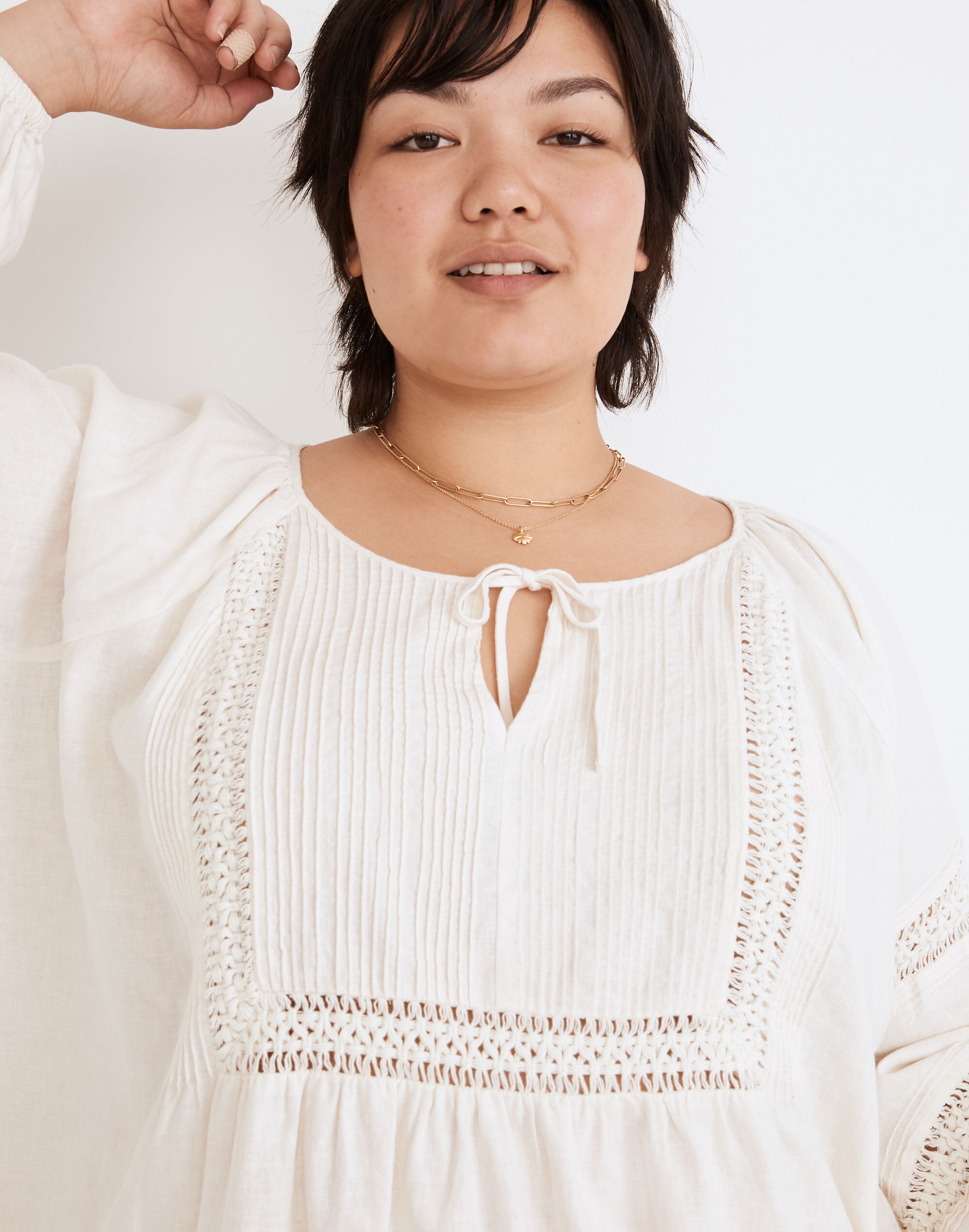 Plus Linen-Blend Pintuck Peasant Top