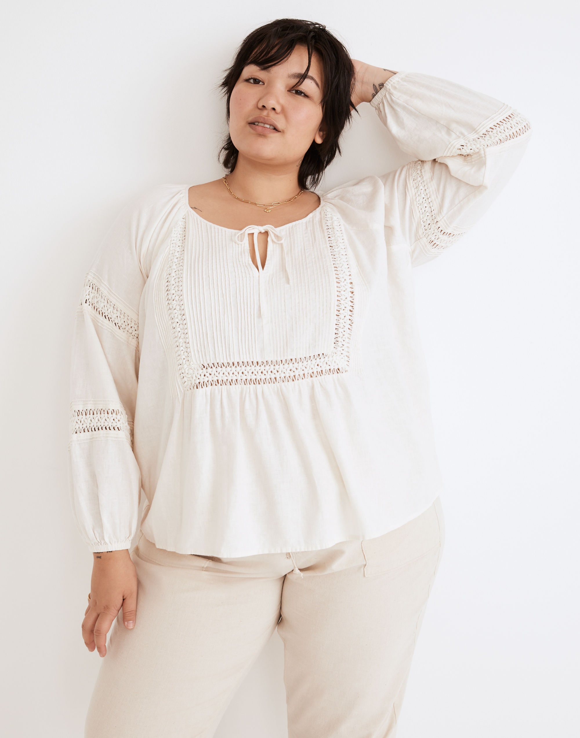 plus linen-blend pintuck peasant top