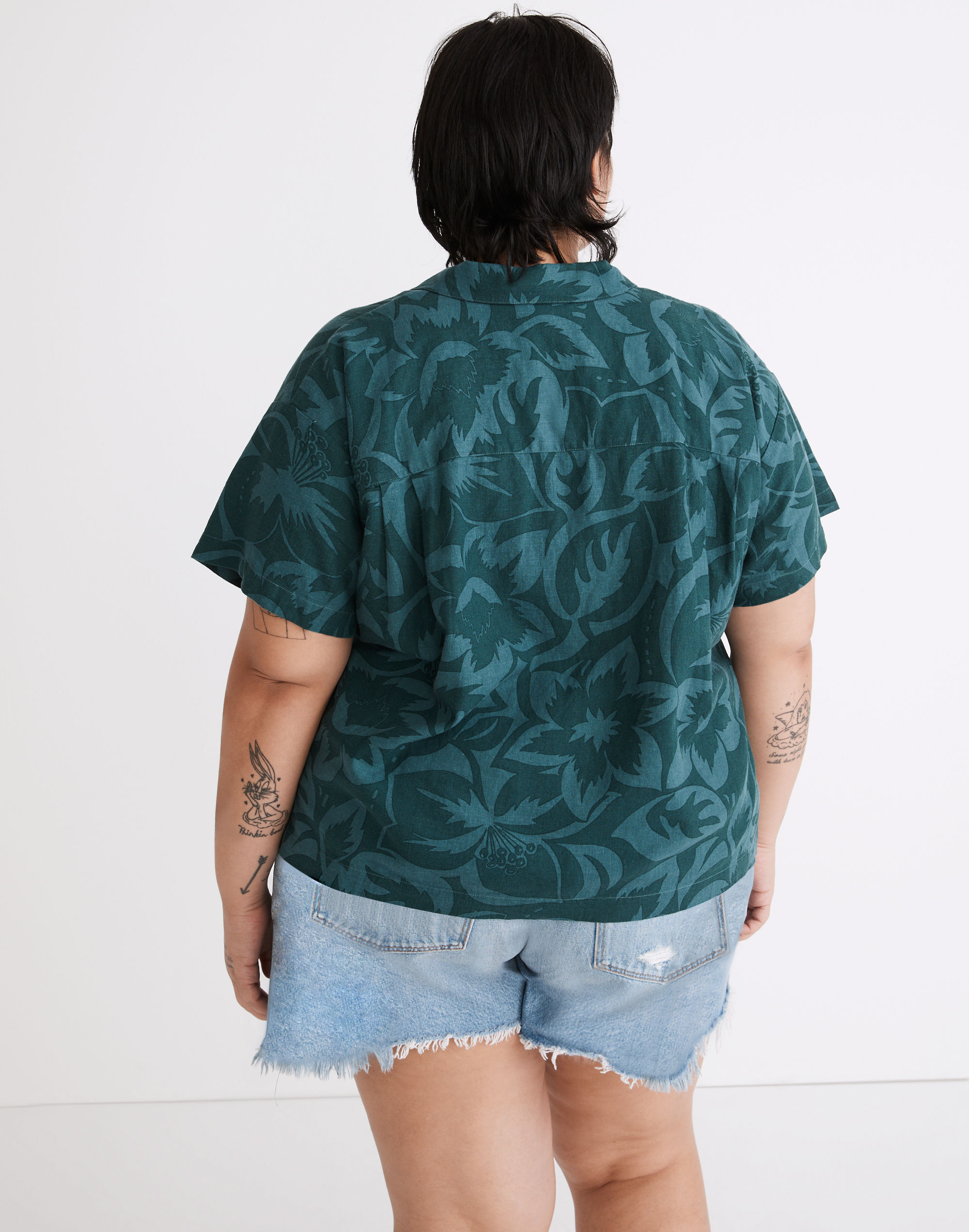 Plus Linen-Blend Camp Shirt in Tropicale Floral
