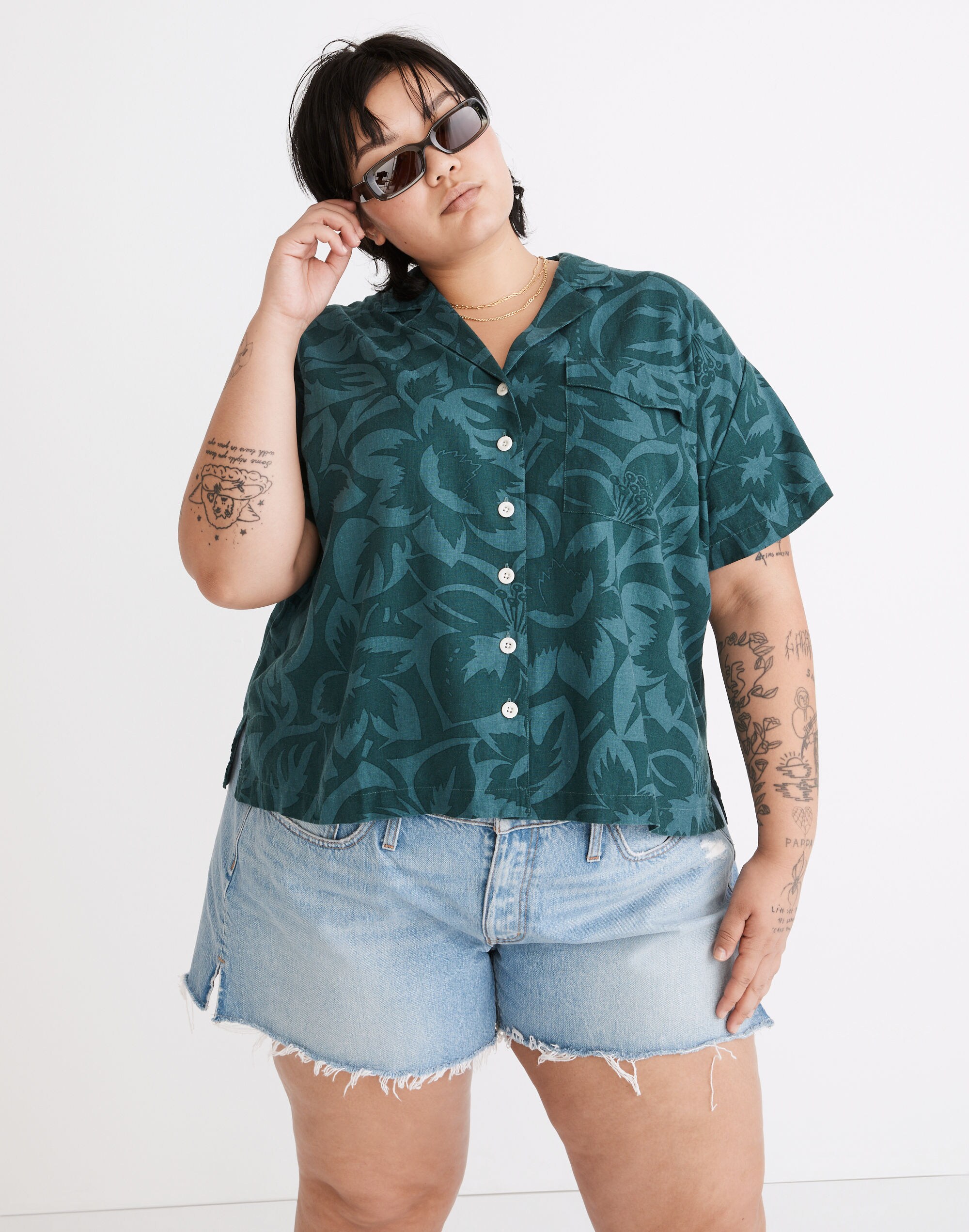 Plus Linen-Blend Camp Shirt in Tropicale Floral