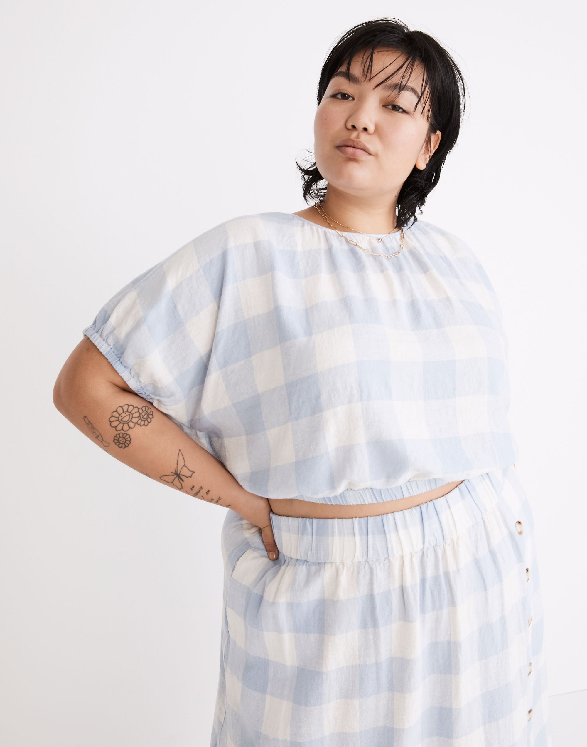 Plus Linen-Blend Michele Bubble Top in Gingham Check