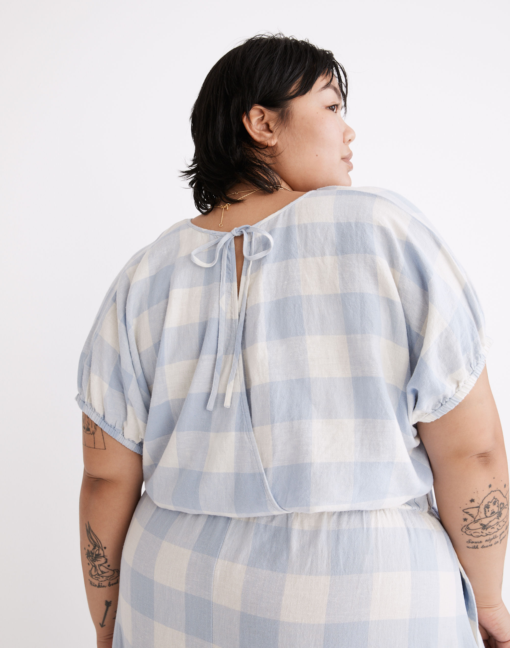 Plus Linen-Blend Michele Bubble Top in Gingham Check