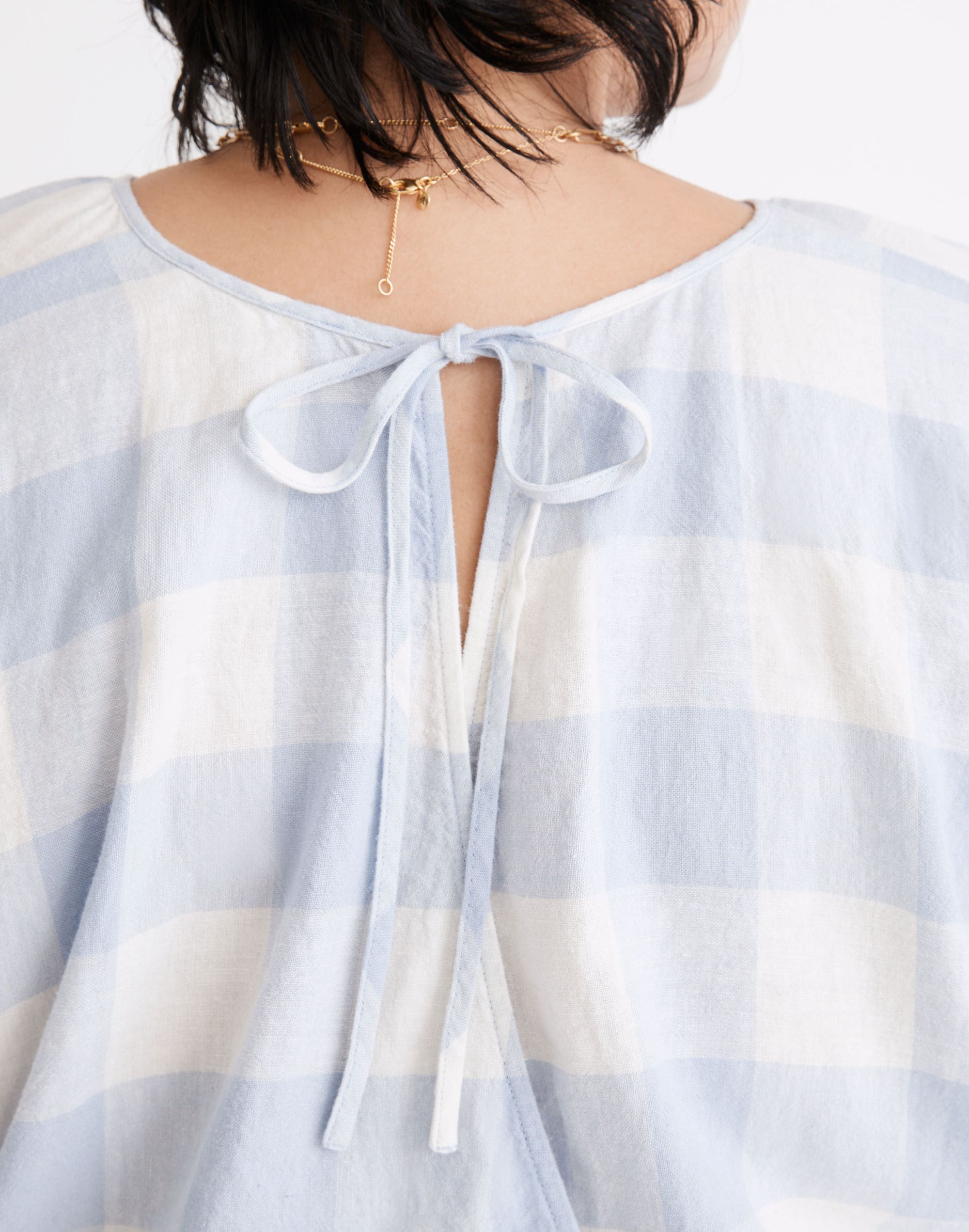 Plus Linen-Blend Michele Bubble Top in Gingham Check
