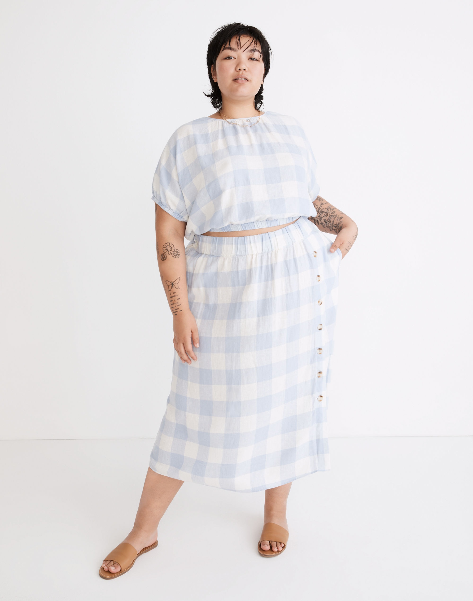 Plus Linen-Blend Michele Bubble Top in Gingham Check