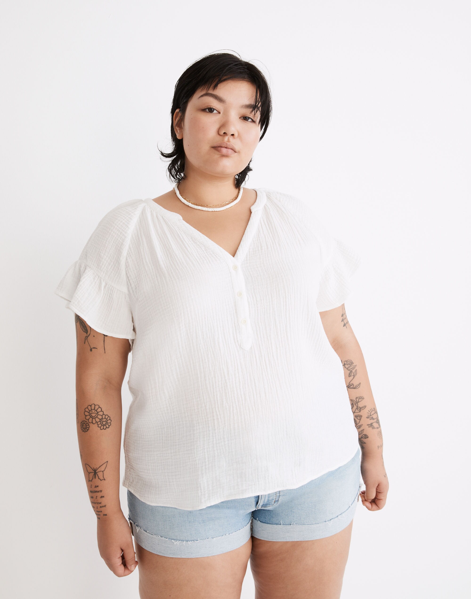 Lightspun Ruffle-Sleeve Henley Top