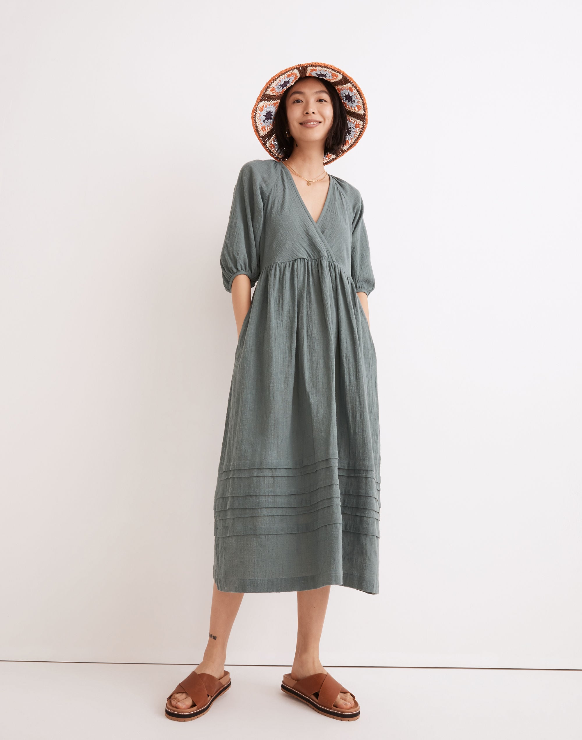 madewell puff sleeve midi dress Women's Smocked Puff Sleeve Midi Dress in Poplin - Size XXS