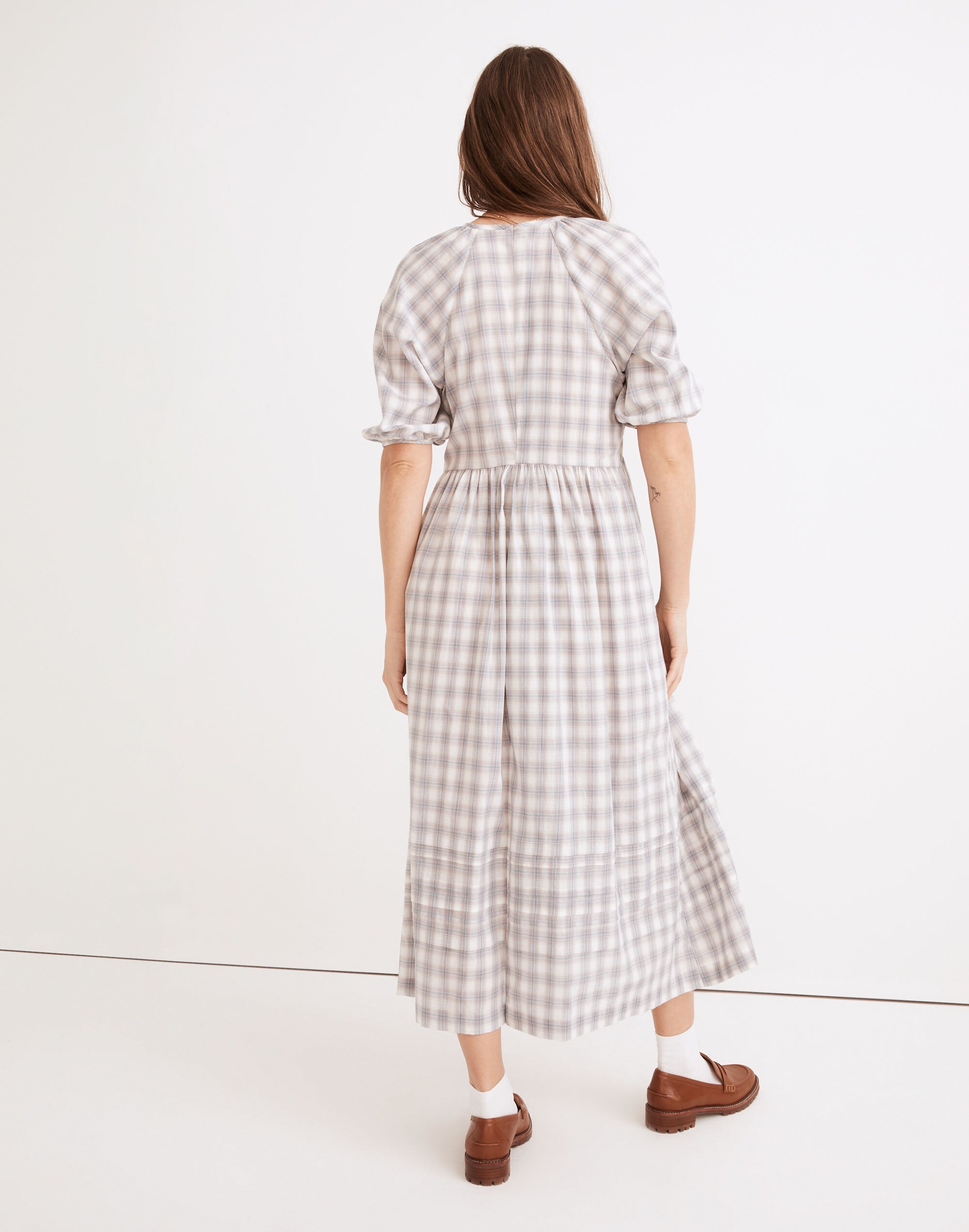 Marianna Puff-Sleeve Midi Dress in Plaid