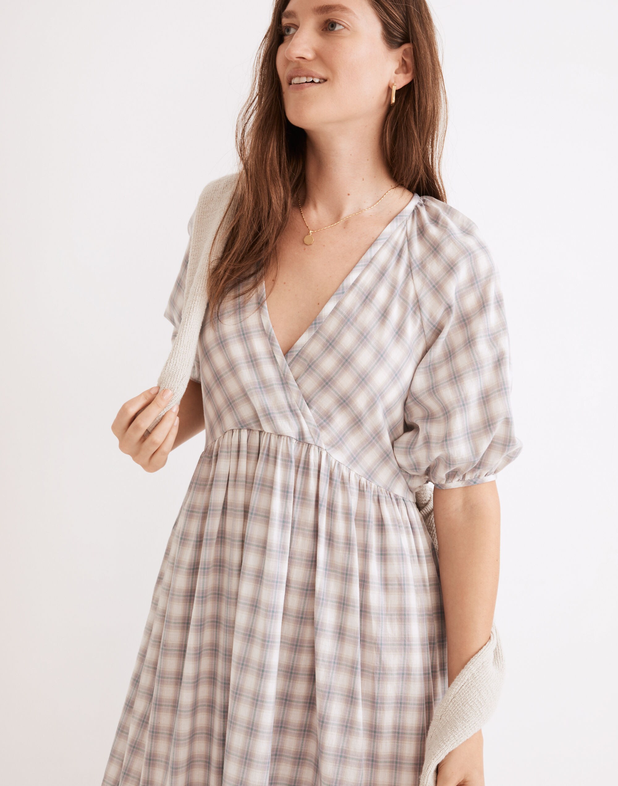 Marianna Puff-Sleeve Midi Dress in Plaid