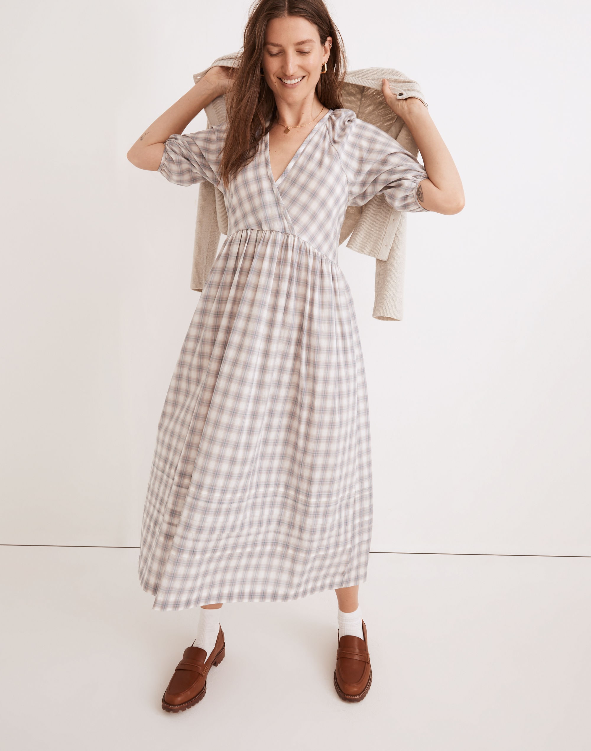 marianna puff-sleeve midi dress in plaid