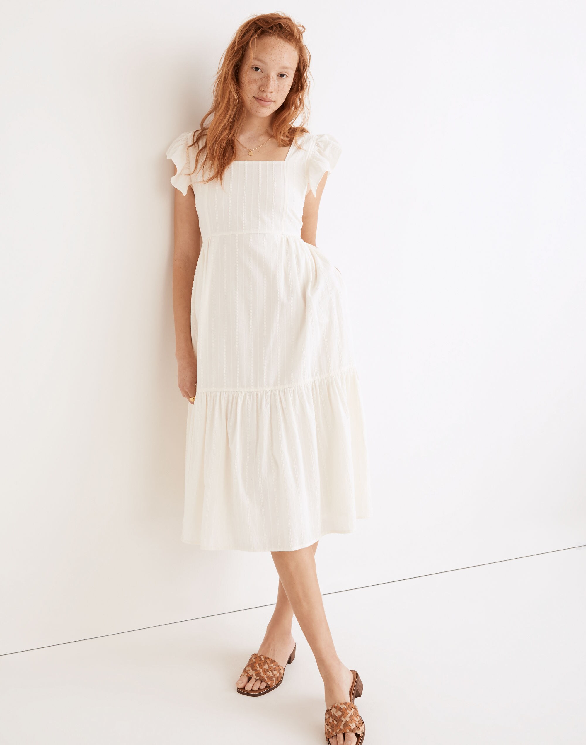 Petite Ruffle-Strap Tiered Midi Dress in Textural Stripe