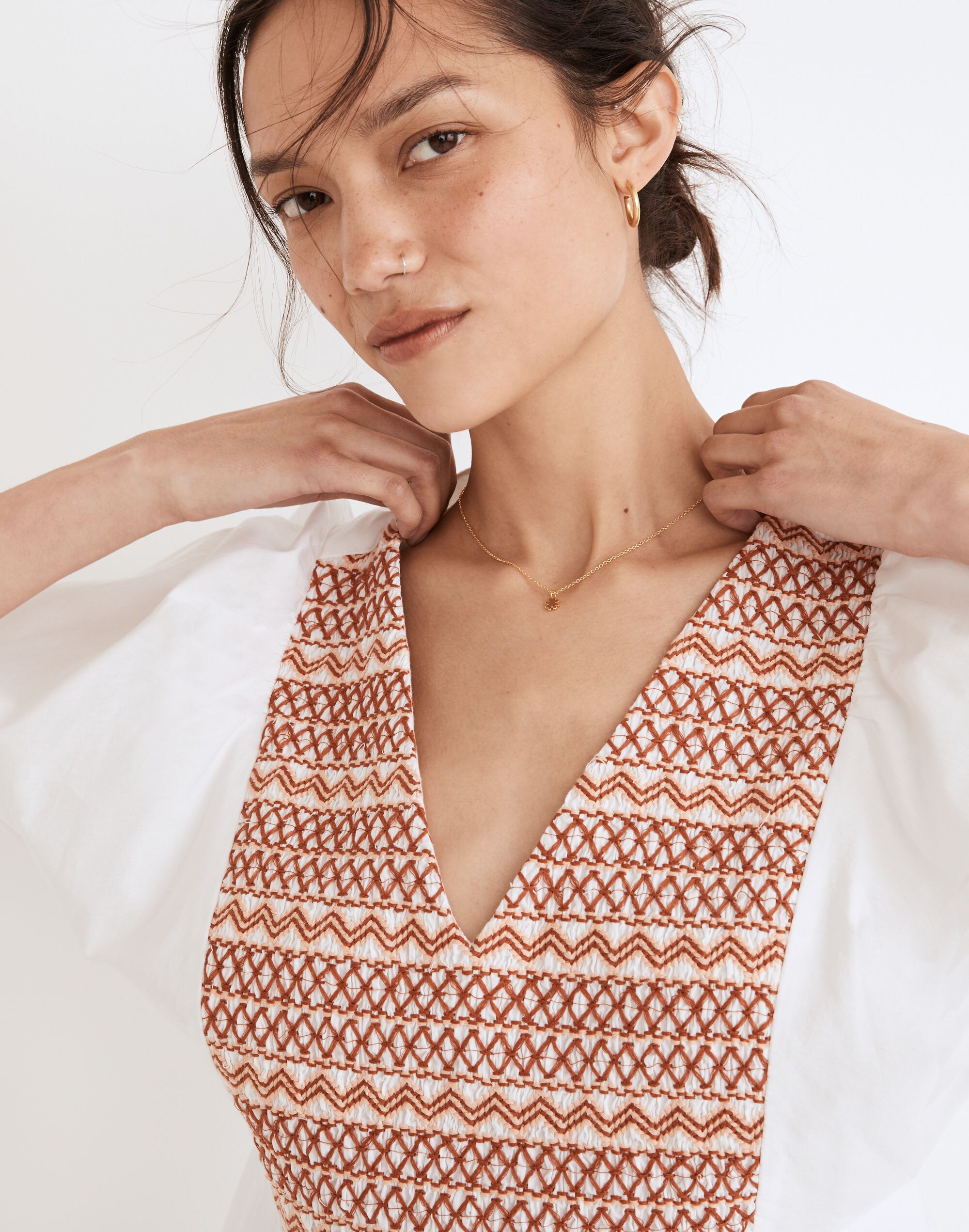 Embroidered Poplin V-Neck Mini Dress