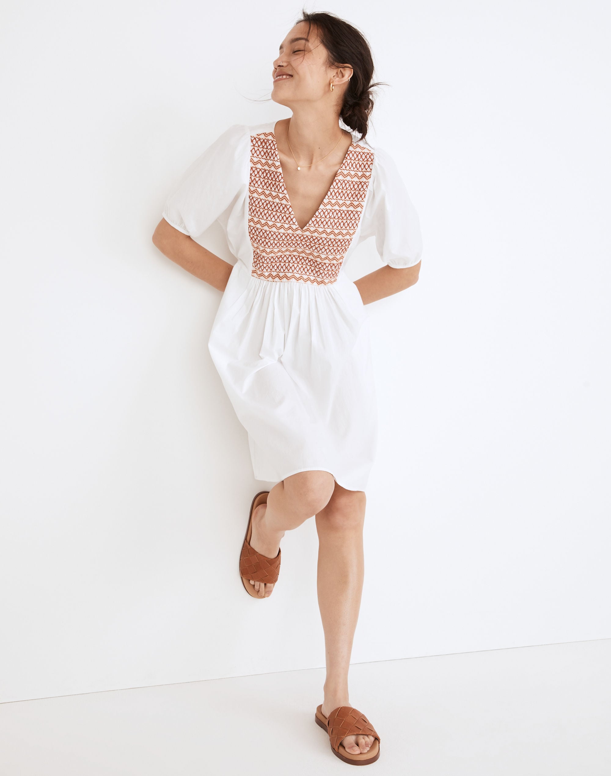 embroidered poplin v-neck mini dress