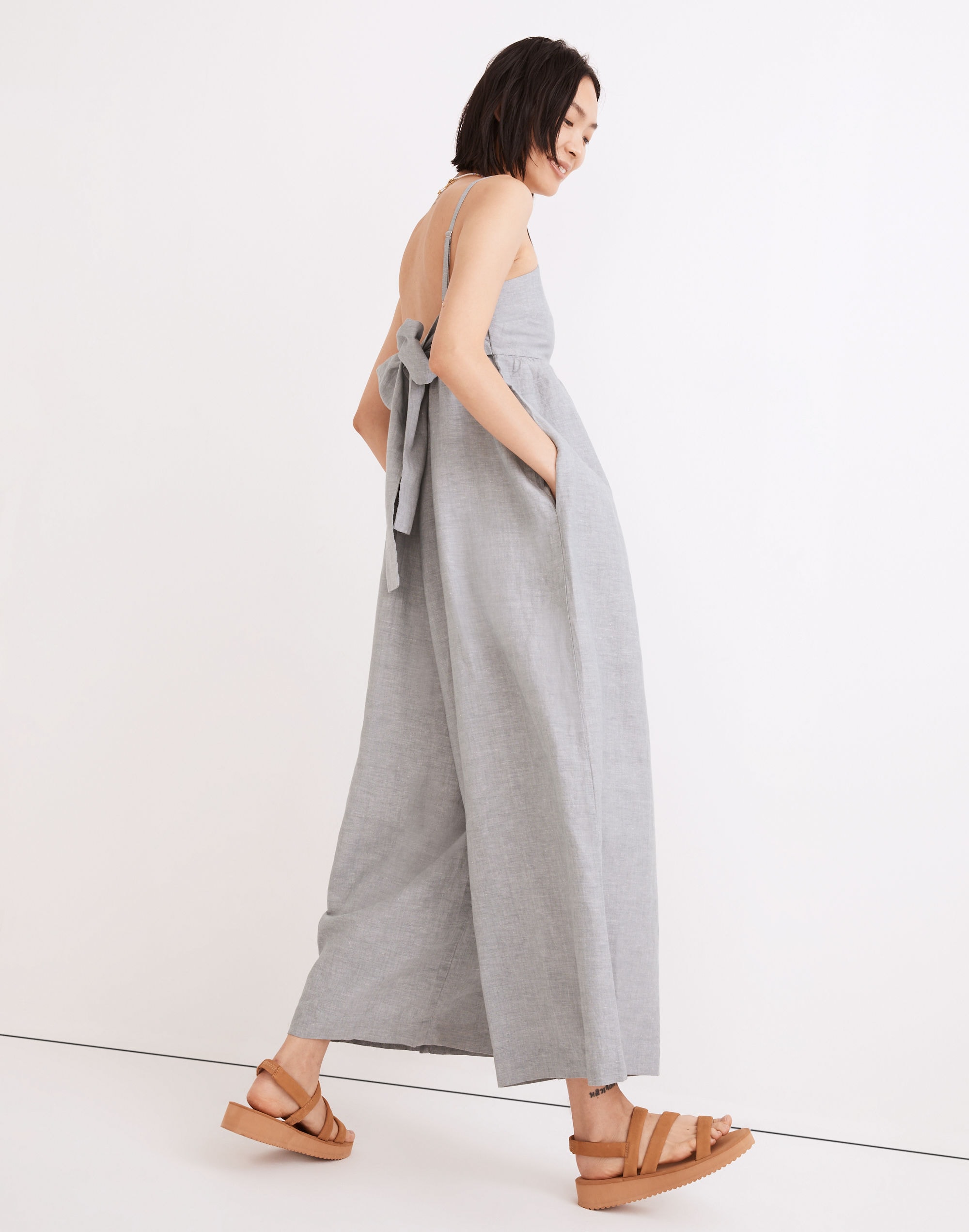 Linen-Blend Tie-Back Wide-Leg Jumpsuit