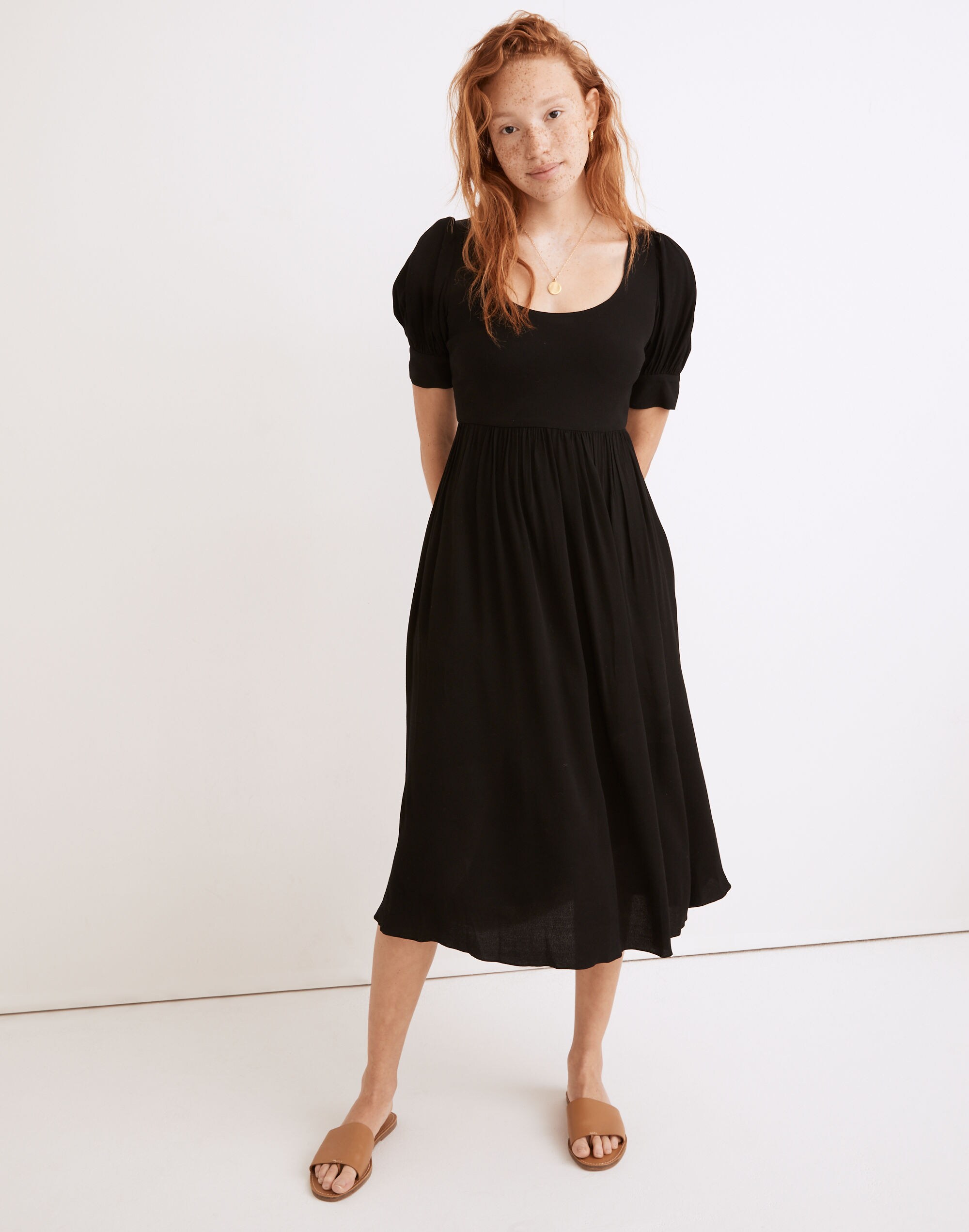 Puff-Sleeve Scoop Midi Dress