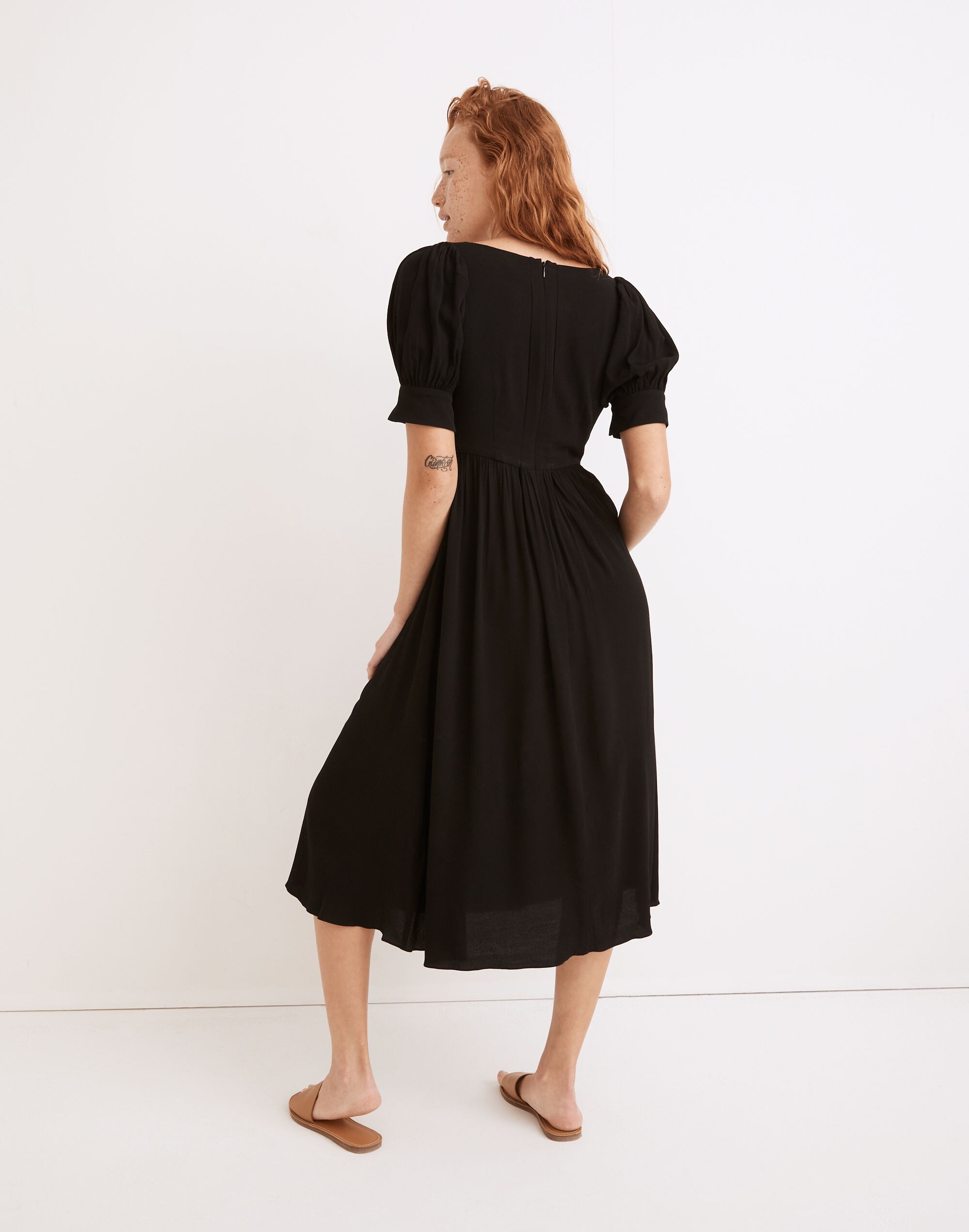 Puff-Sleeve Scoop Midi Dress