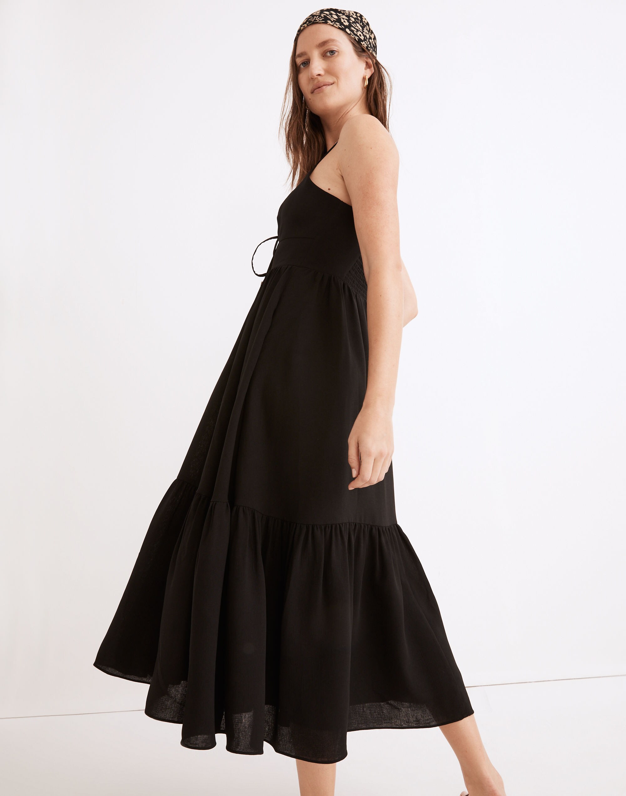 Ruched Keyhole Tiered Midi Dress