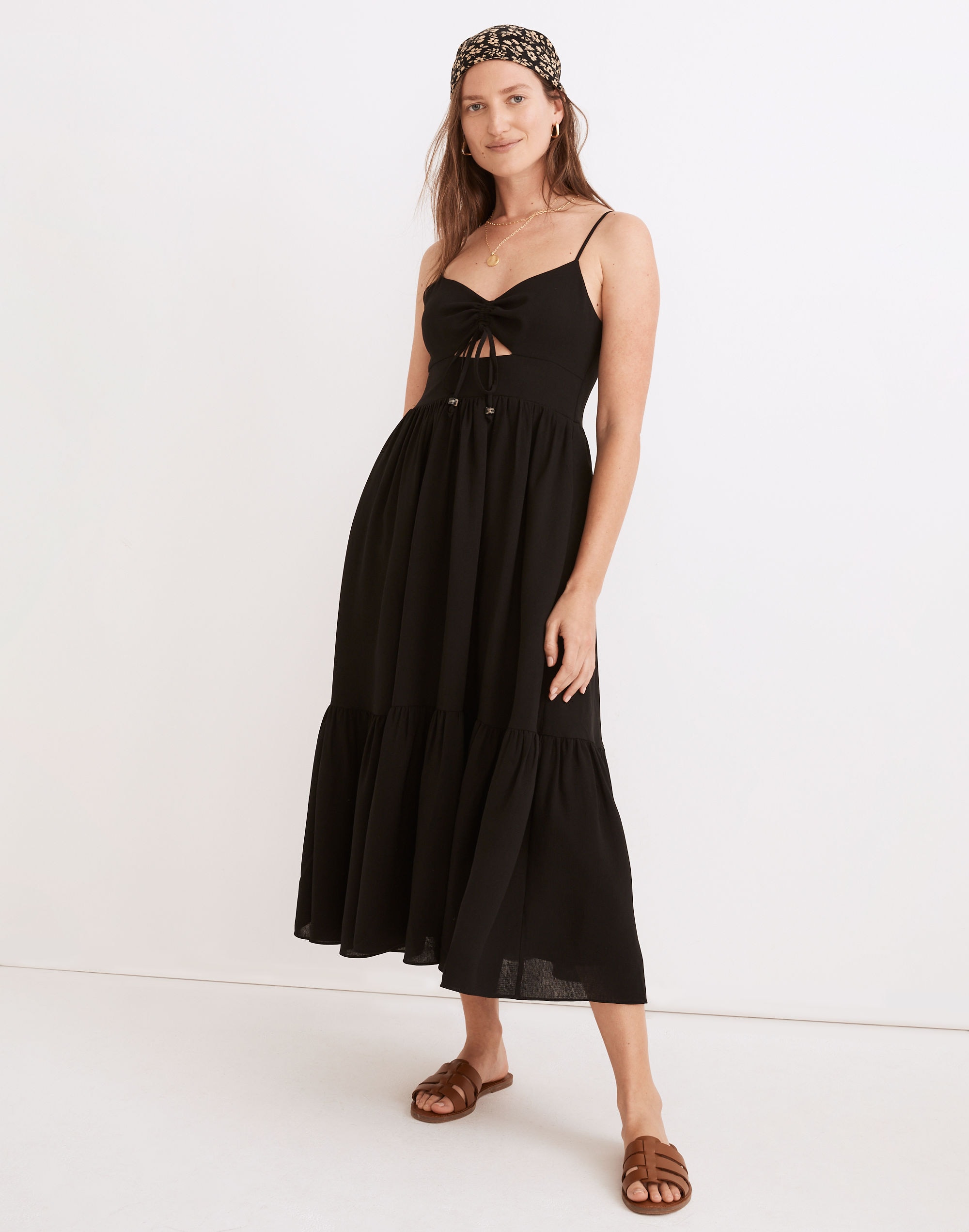 ruched keyhole tiered midi dress